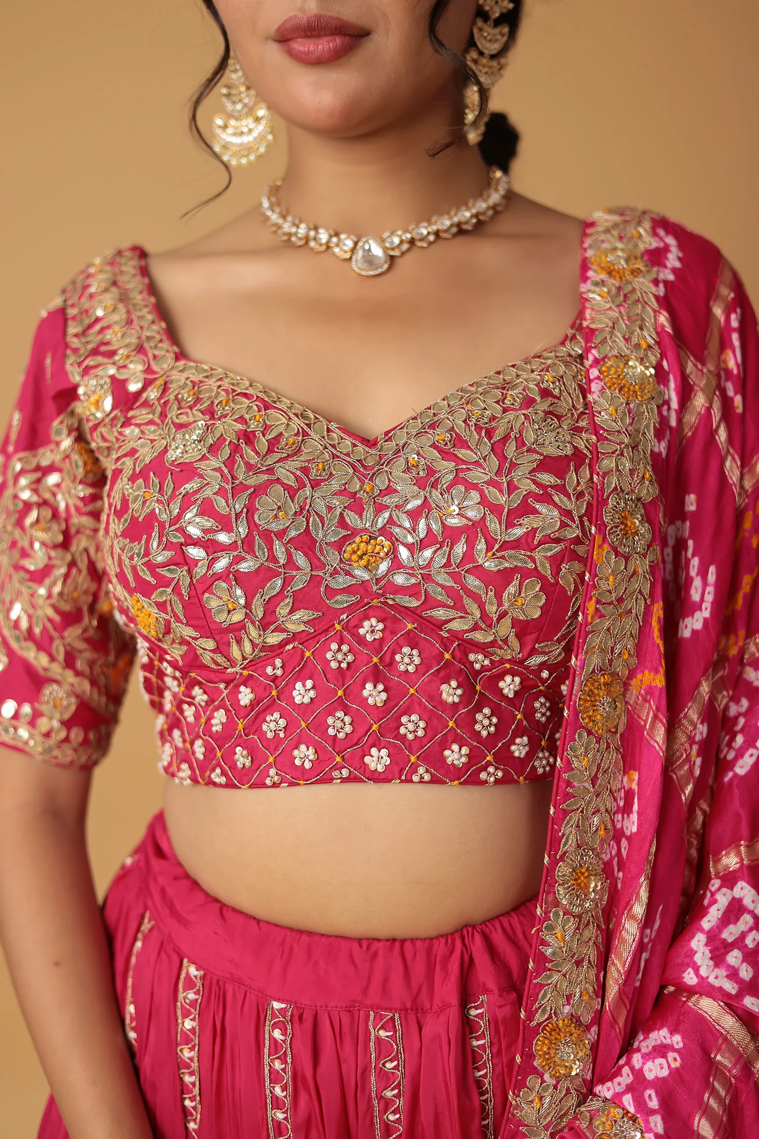 Bandhej Silk Lehenga with Dori, Gota Patti, Pearl, Thread work. - Image 4