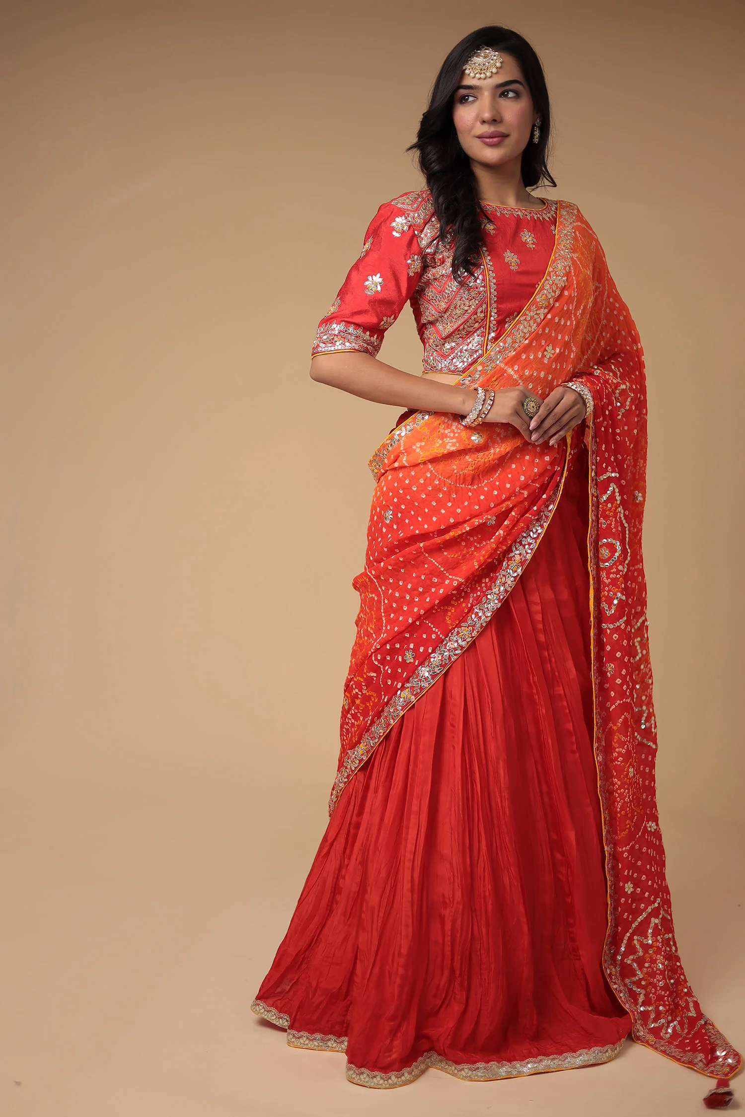 Silk Crush Lehenga with Bandhej Duppatta with Zardozi Work Blouse - Image 3
