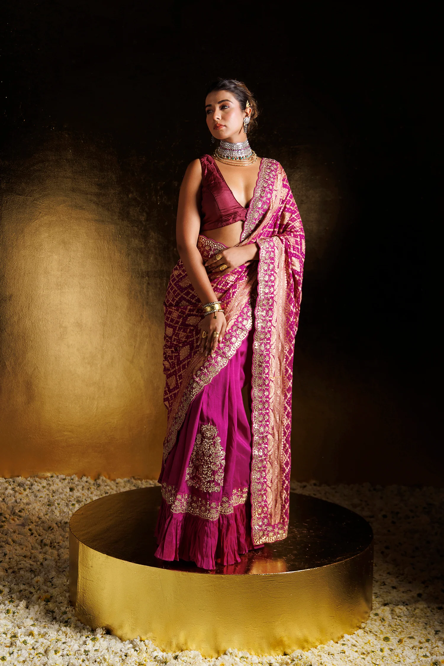 Bandhej Ruffled Silk Saree with Dori, Gota Patti and Zardozi work - Image 4