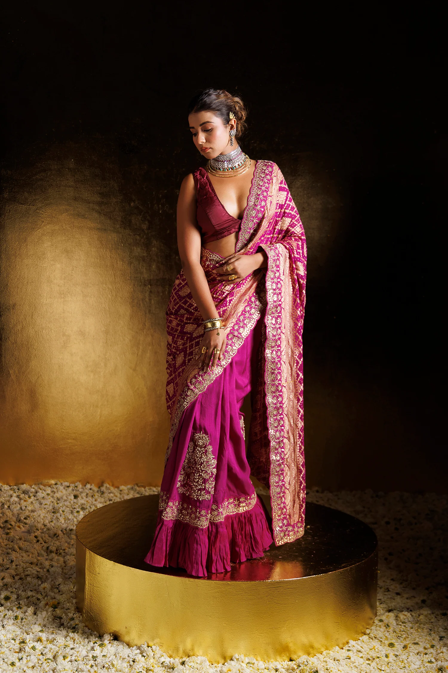Bandhej Ruffled Silk Saree with Dori, Gota Patti and Zardozi work - Image 5