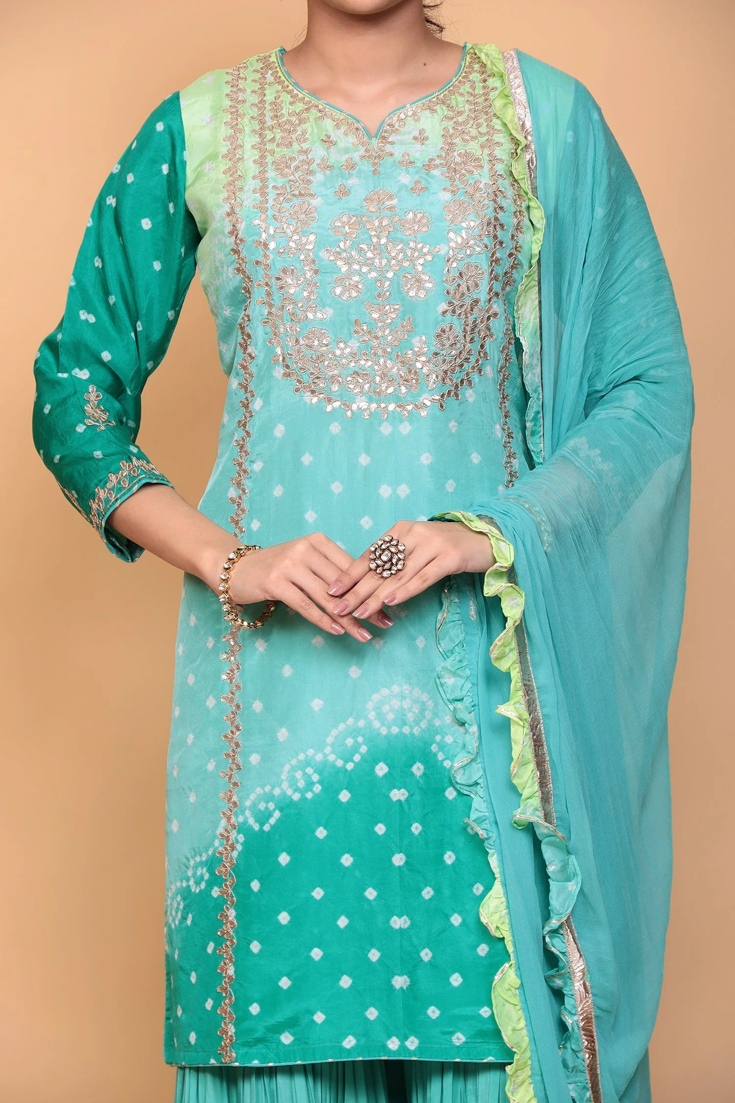Bandhej Silk Suit with Dori, Gota Patti work. - Image 10