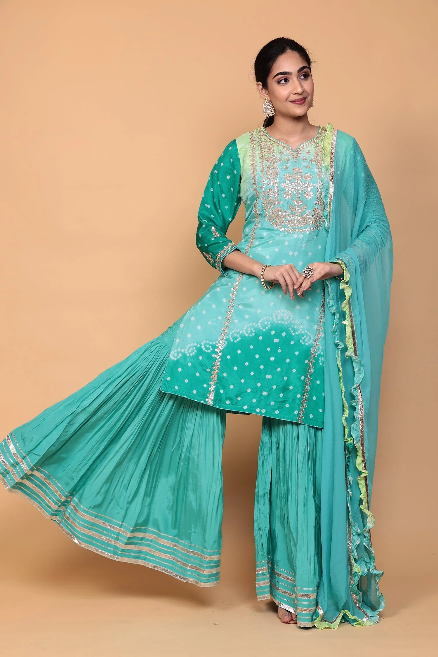 Bandhej Silk Suit with Dori, Gota Patti work. - Image 11