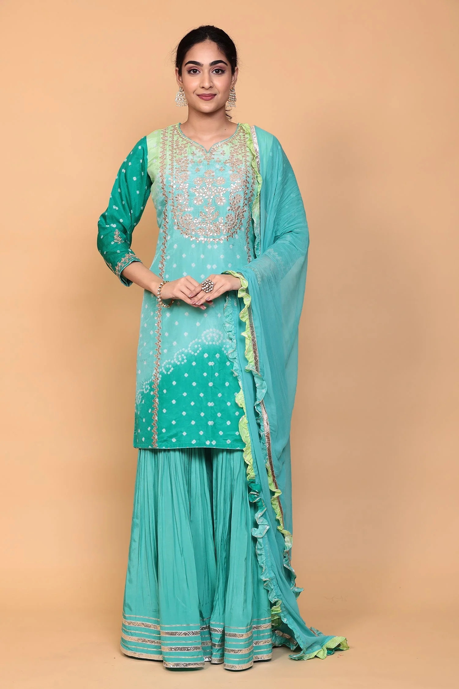 Bandhej Silk Suit with Dori, Gota Patti work. - Image 12