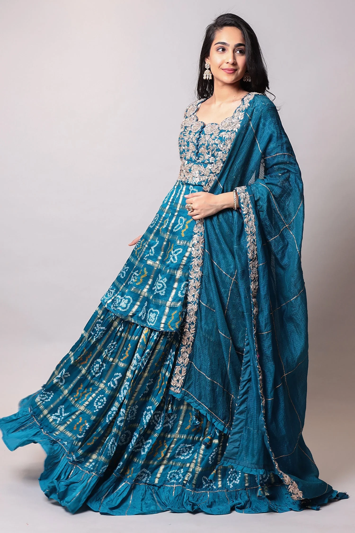Bandhej Silk Suit with Gota Patti, Ghatchola work. - Image 4