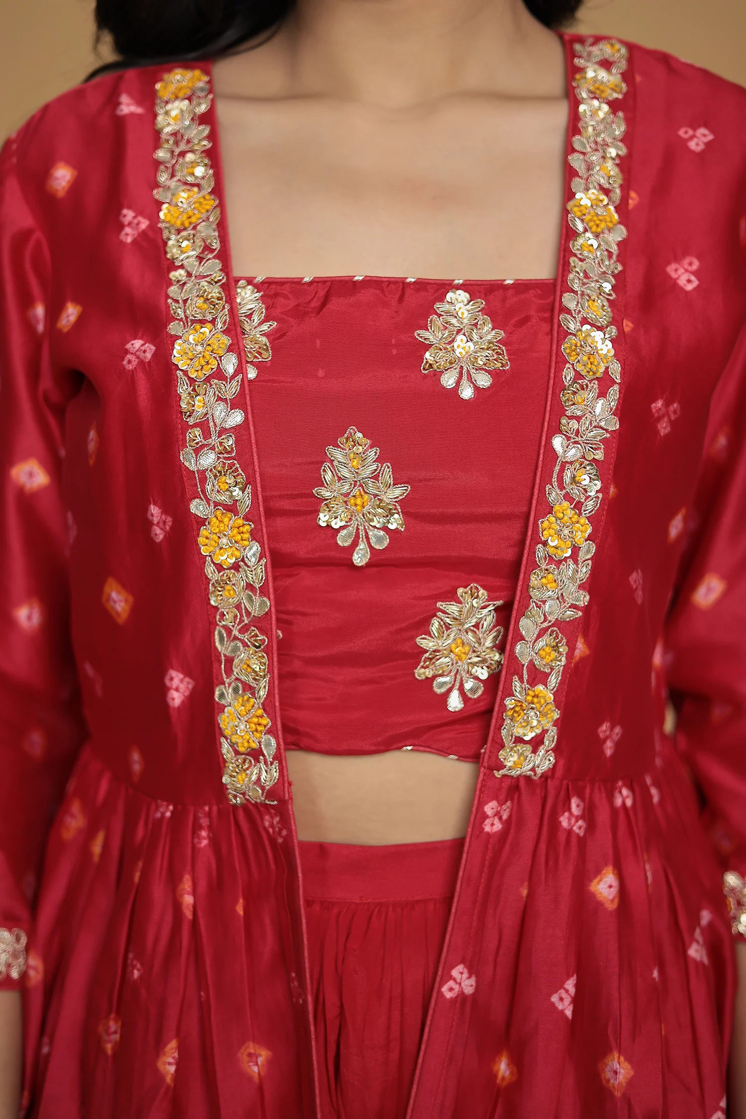 Bandhej Jacket Style Chanderi Indo Western with Gota Patti work. - Image 4