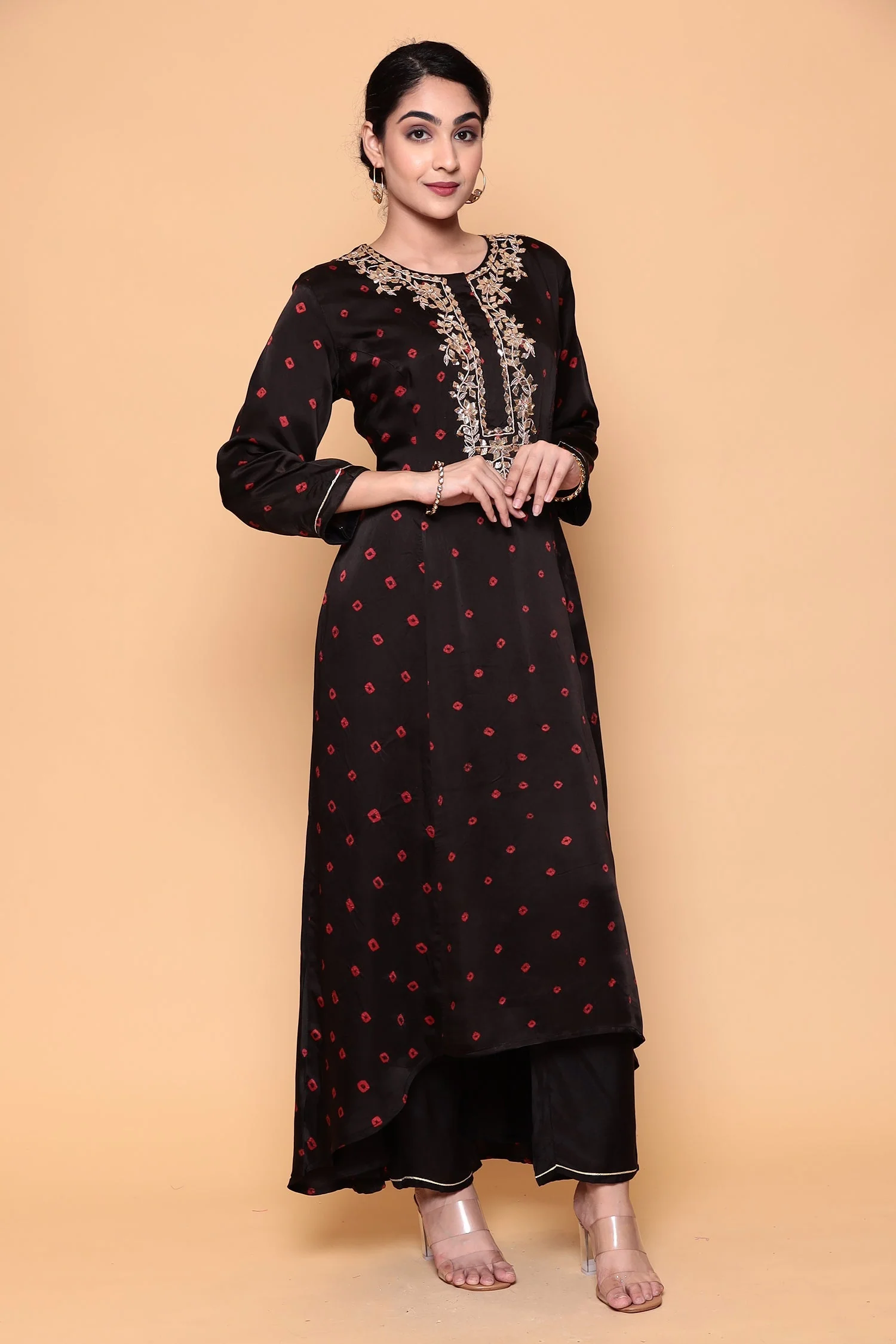 Asymmetric Bandhej Silk Suit with Gota work. - Image 3