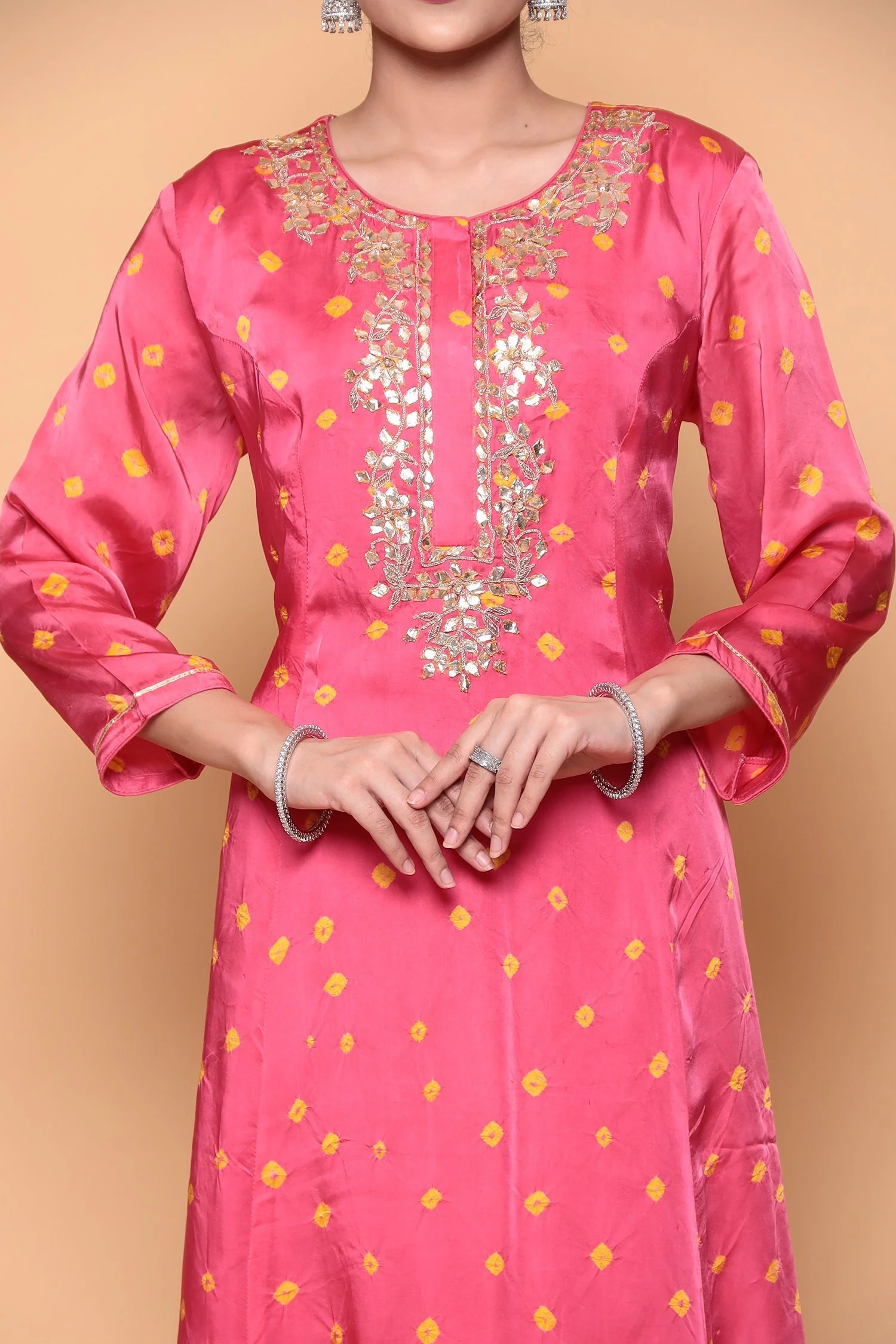 Asymmetric Bandhej Silk Suit with Gota work. - Image 6