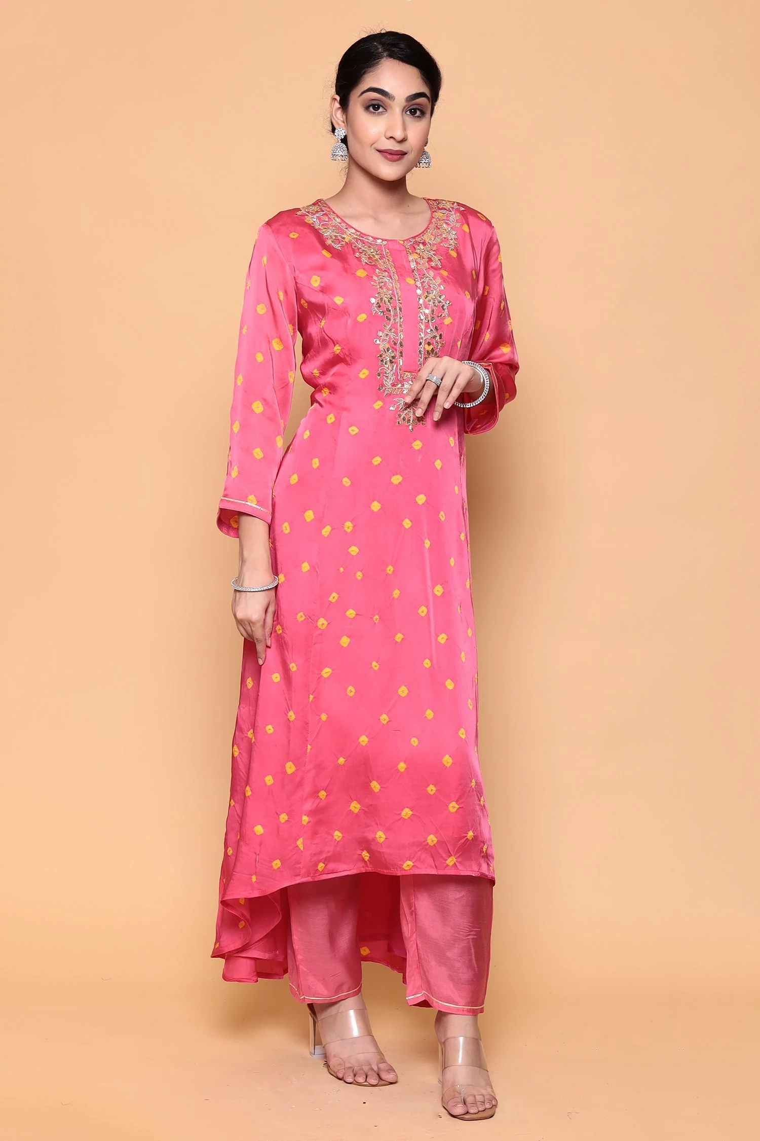 Asymmetric Bandhej Silk Suit with Gota work. - Image 7