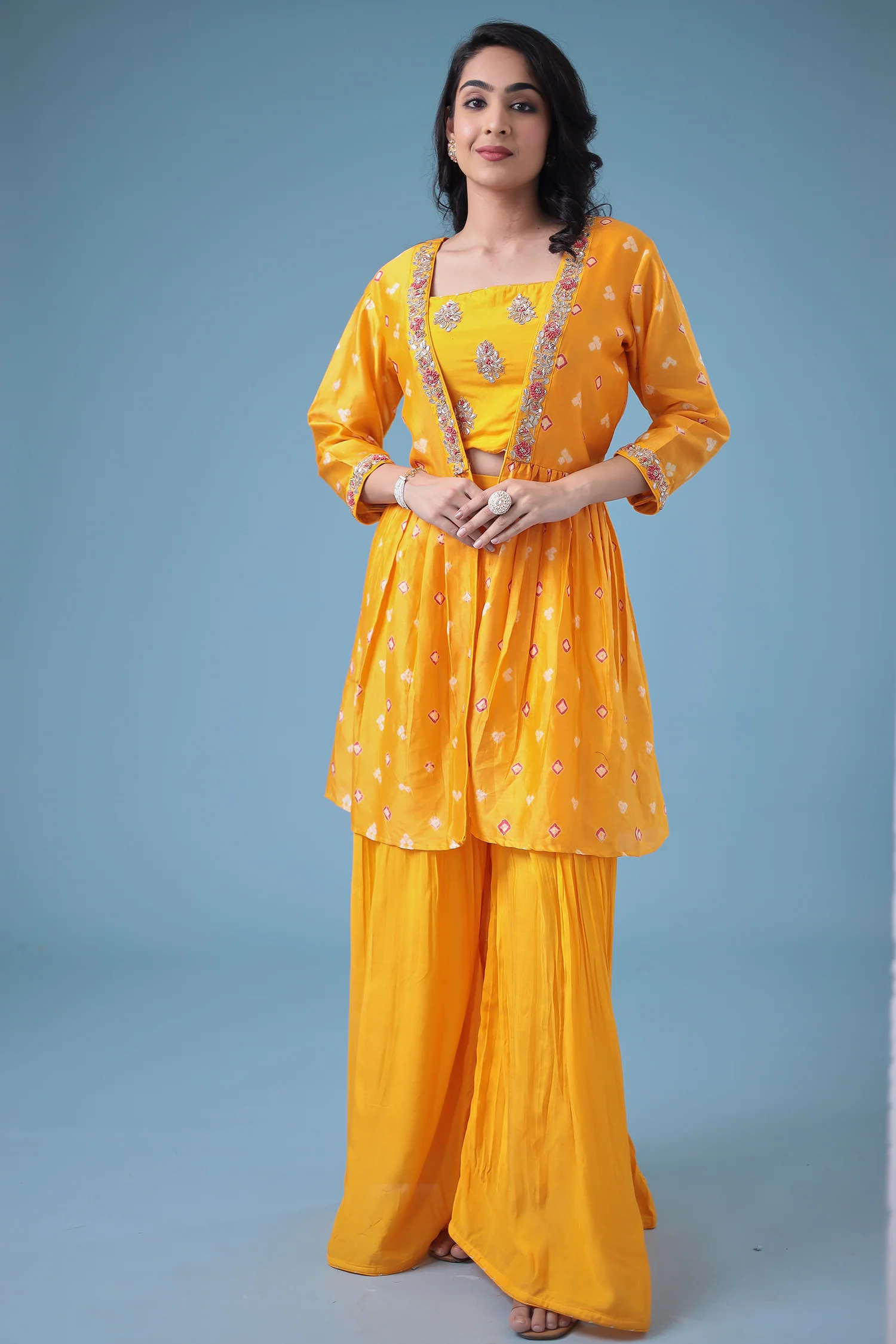 Bandhej Jacket Style Chanderi Indo Western with Gota Patti work. - Image 9
