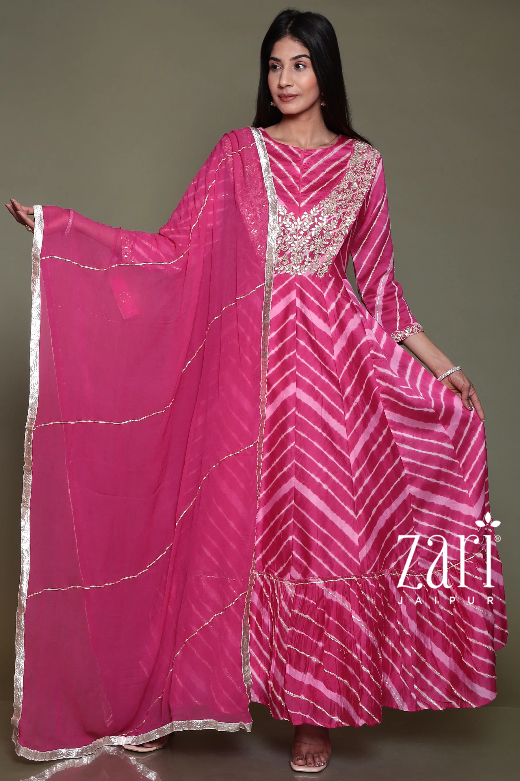 Chanderi silk Leheriya Suit with Aari, Gota Patti, Sequins, Thread, Zardozi work. - Image 4