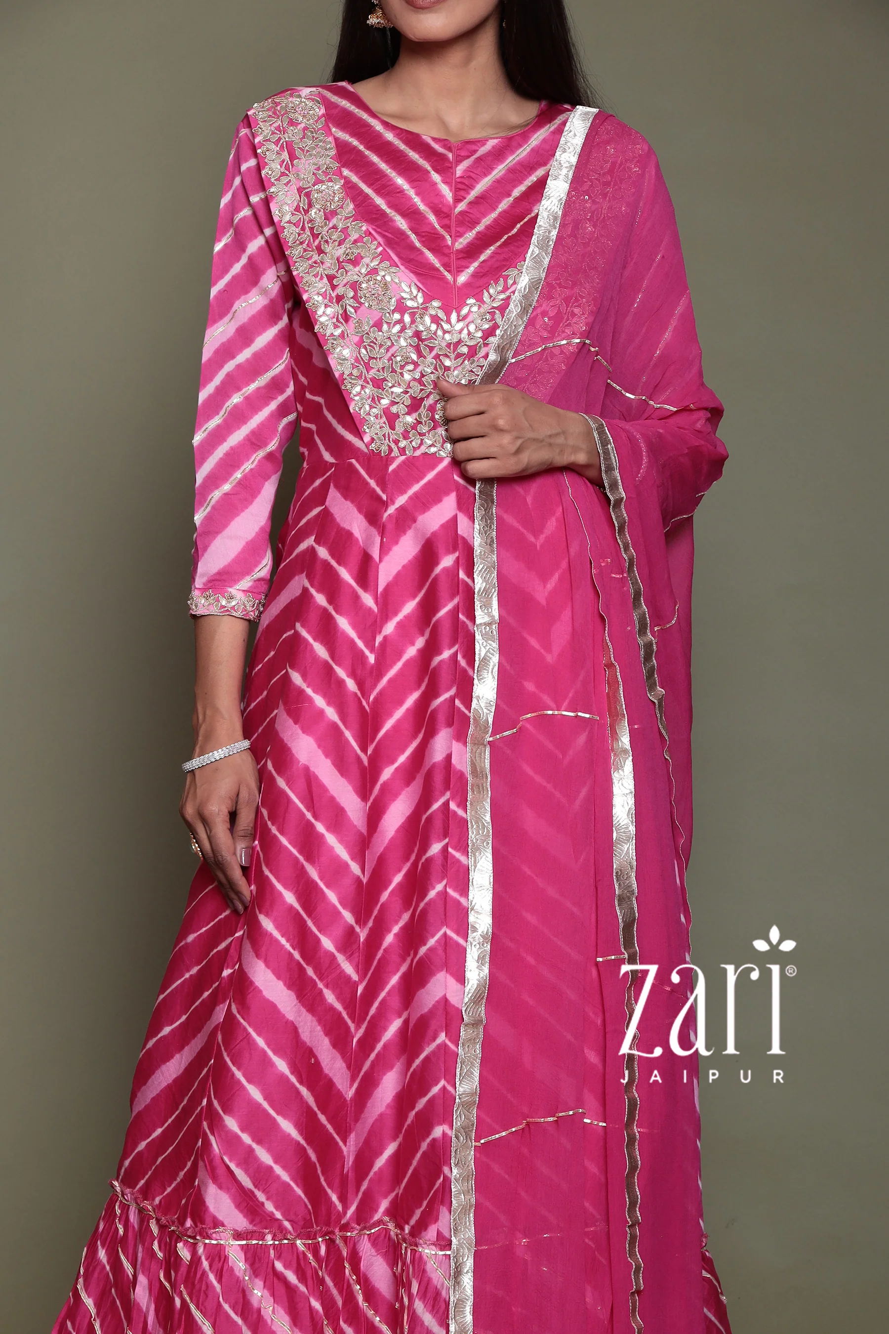 Chanderi silk Leheriya Suit with Aari, Gota Patti, Sequins, Thread, Zardozi work. - Image 6