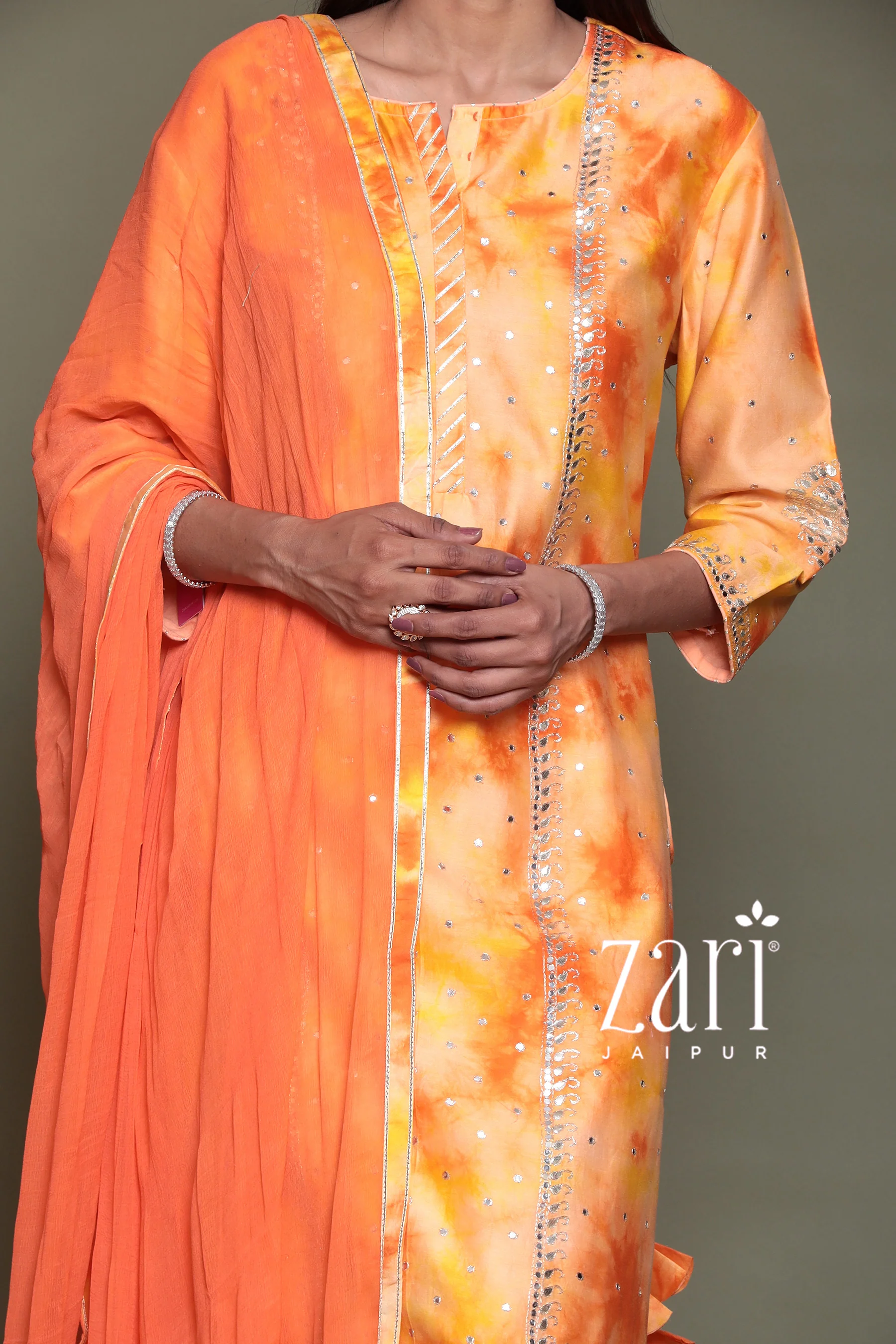 Chanderi silk  Suit with Aari, Gota Patti, Mirror, Tie & Dye work. - Image 6