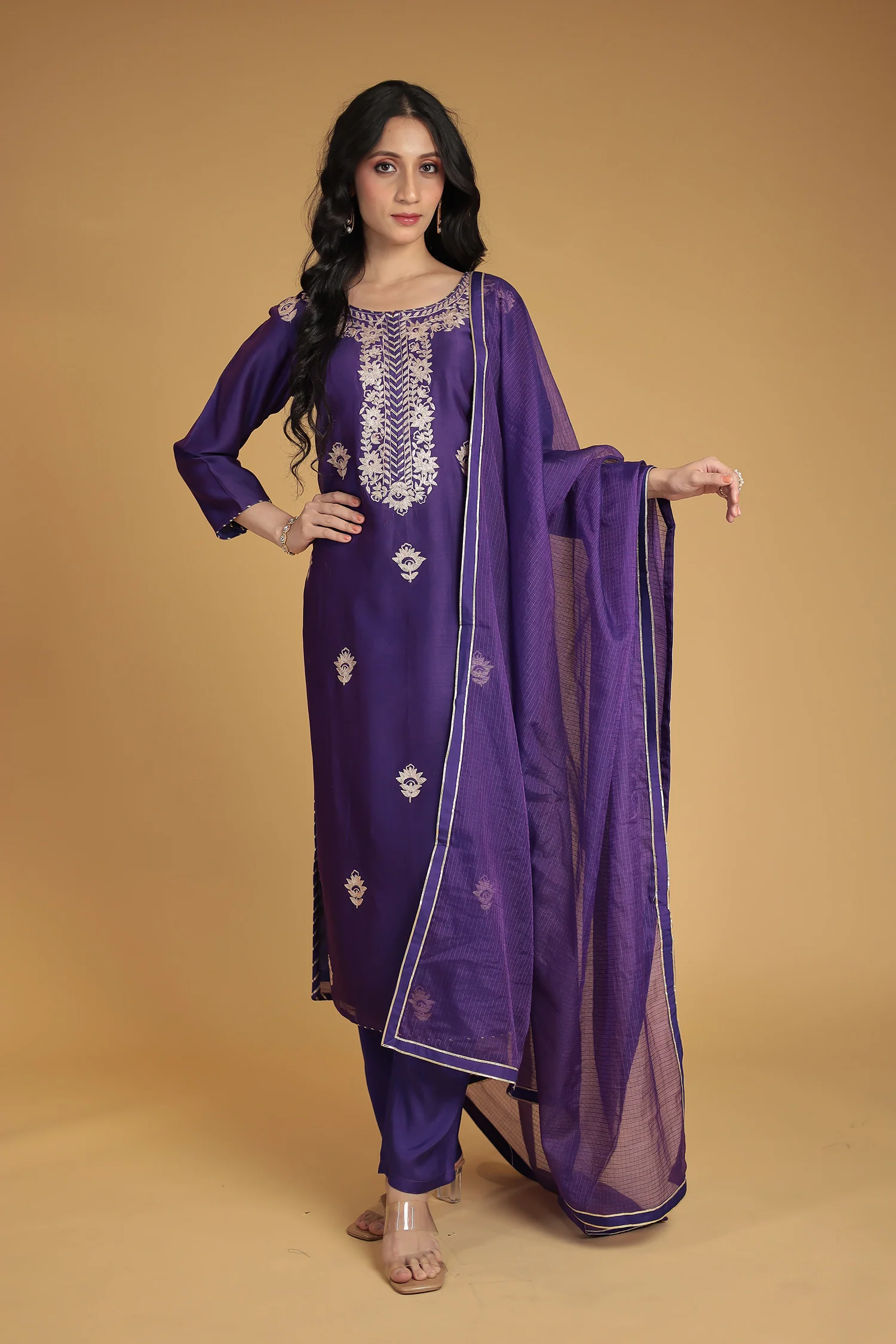 Chanderi Silk Suit Embroidered with Pittan work - Image 3