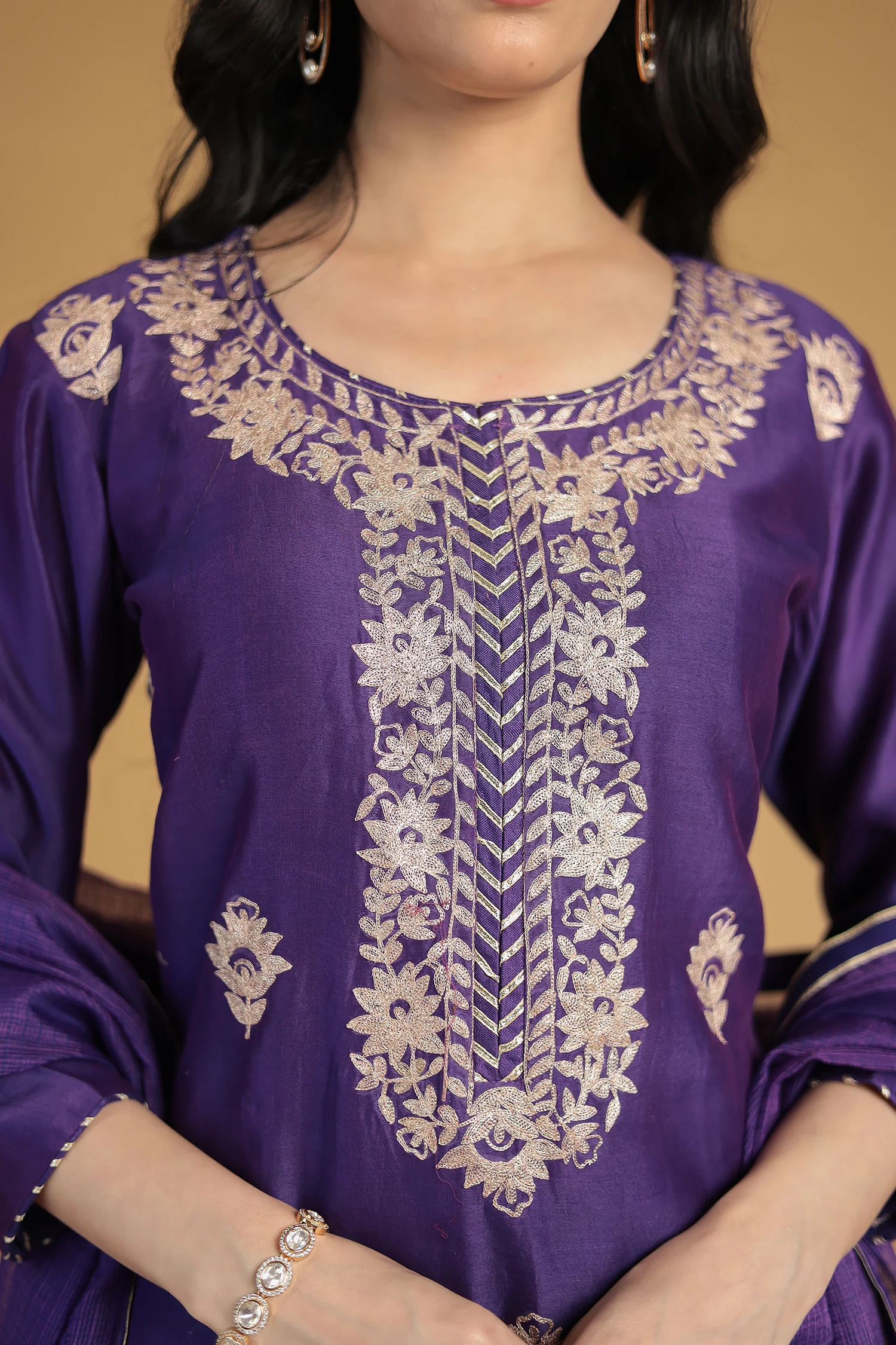 Chanderi Silk Suit Embroidered with Pittan work - Image 4