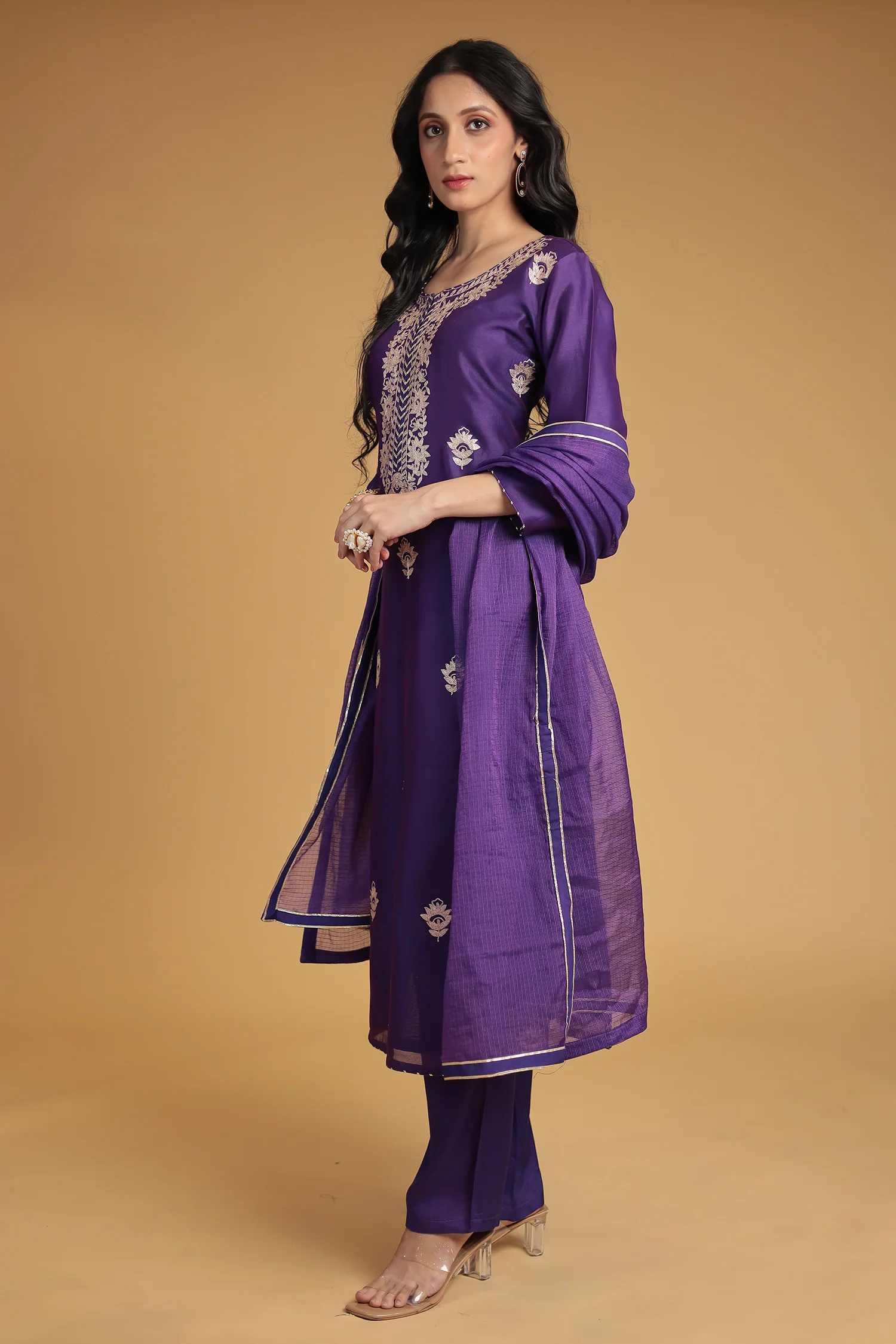Chanderi Silk Suit Embroidered with Pittan work - Image 5