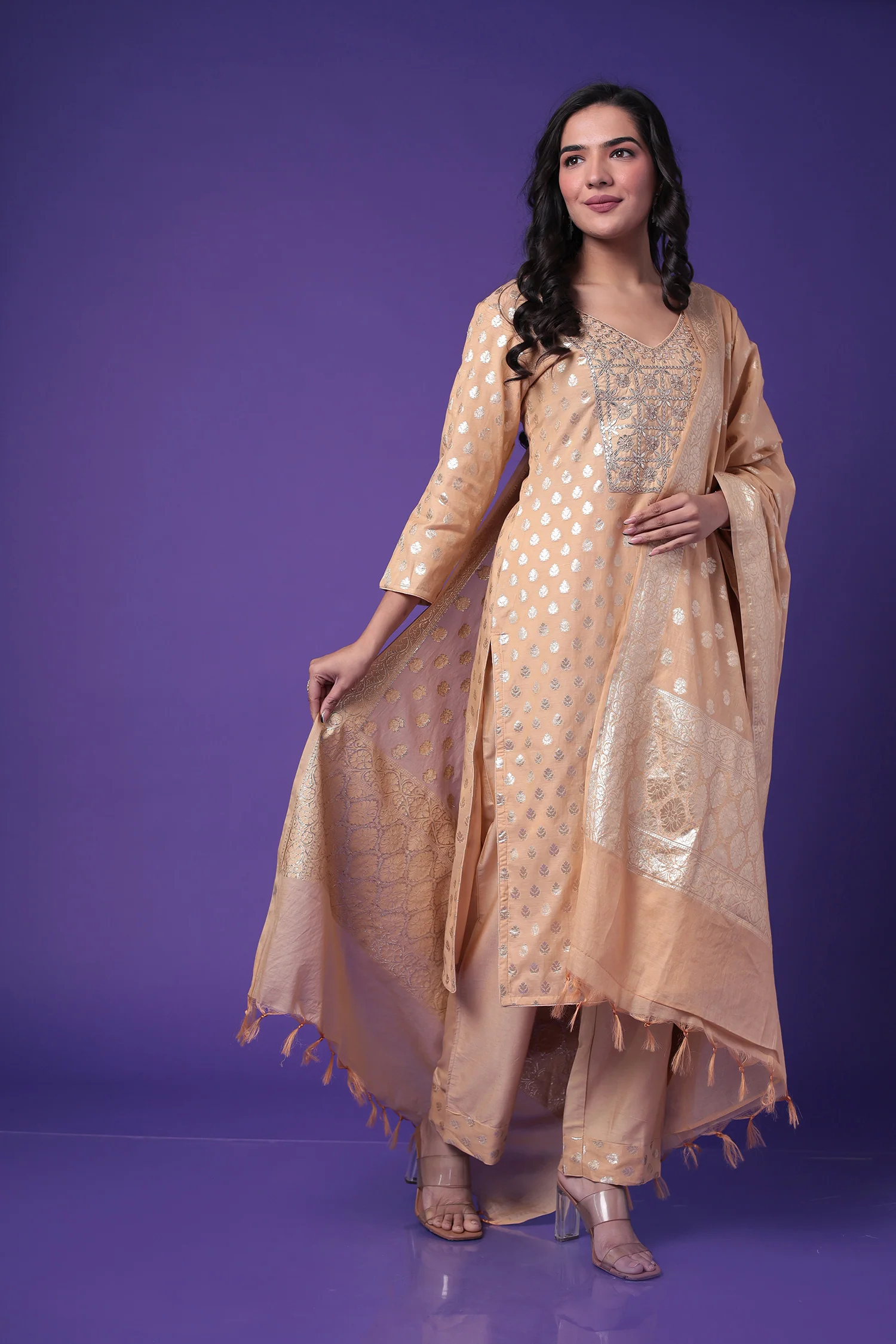 Chanderi Straight Suit with Dori and Embroidered work - Image 8