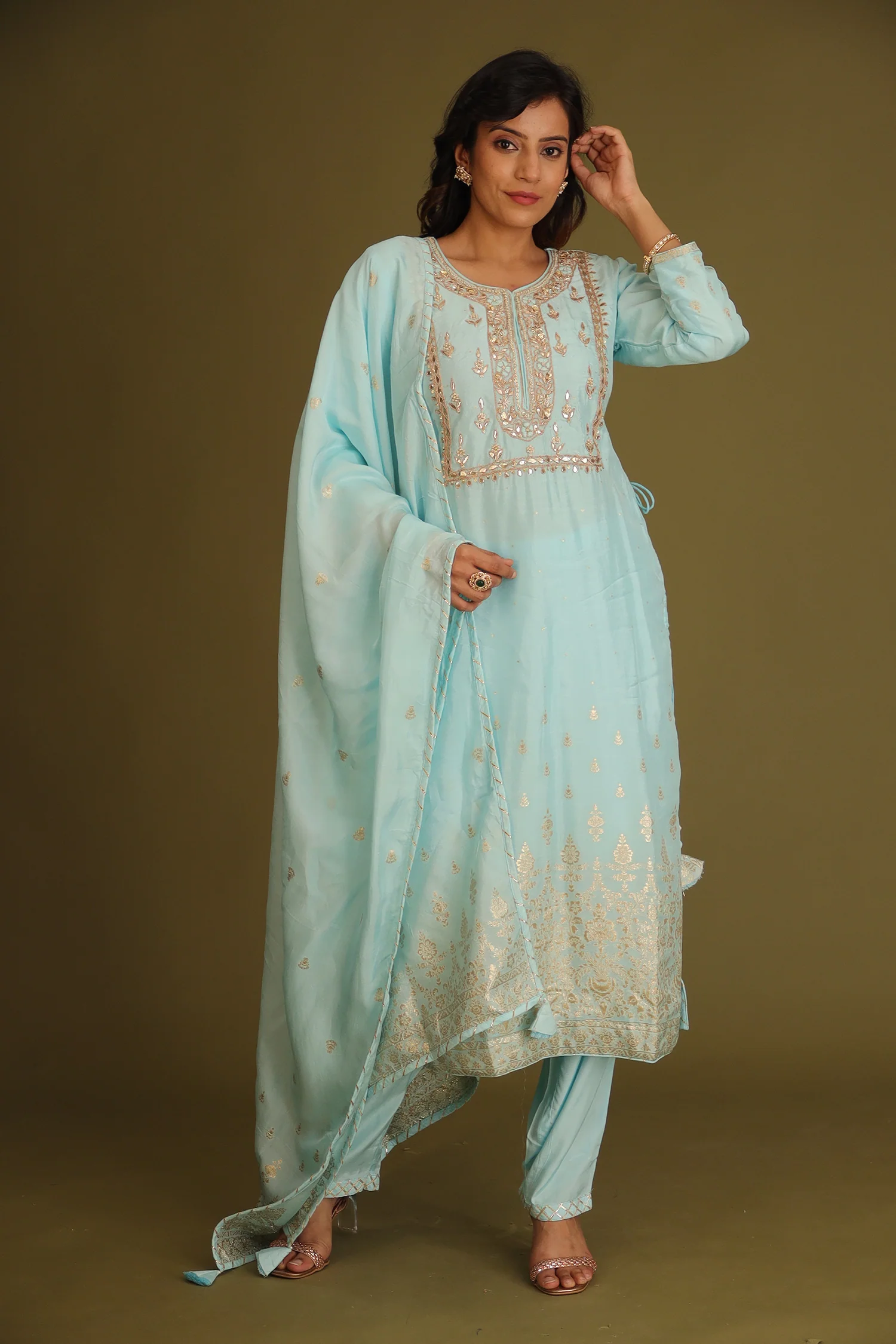 Handloom Chanderi Suit Embroidered with Gota Patti work. - Image 3