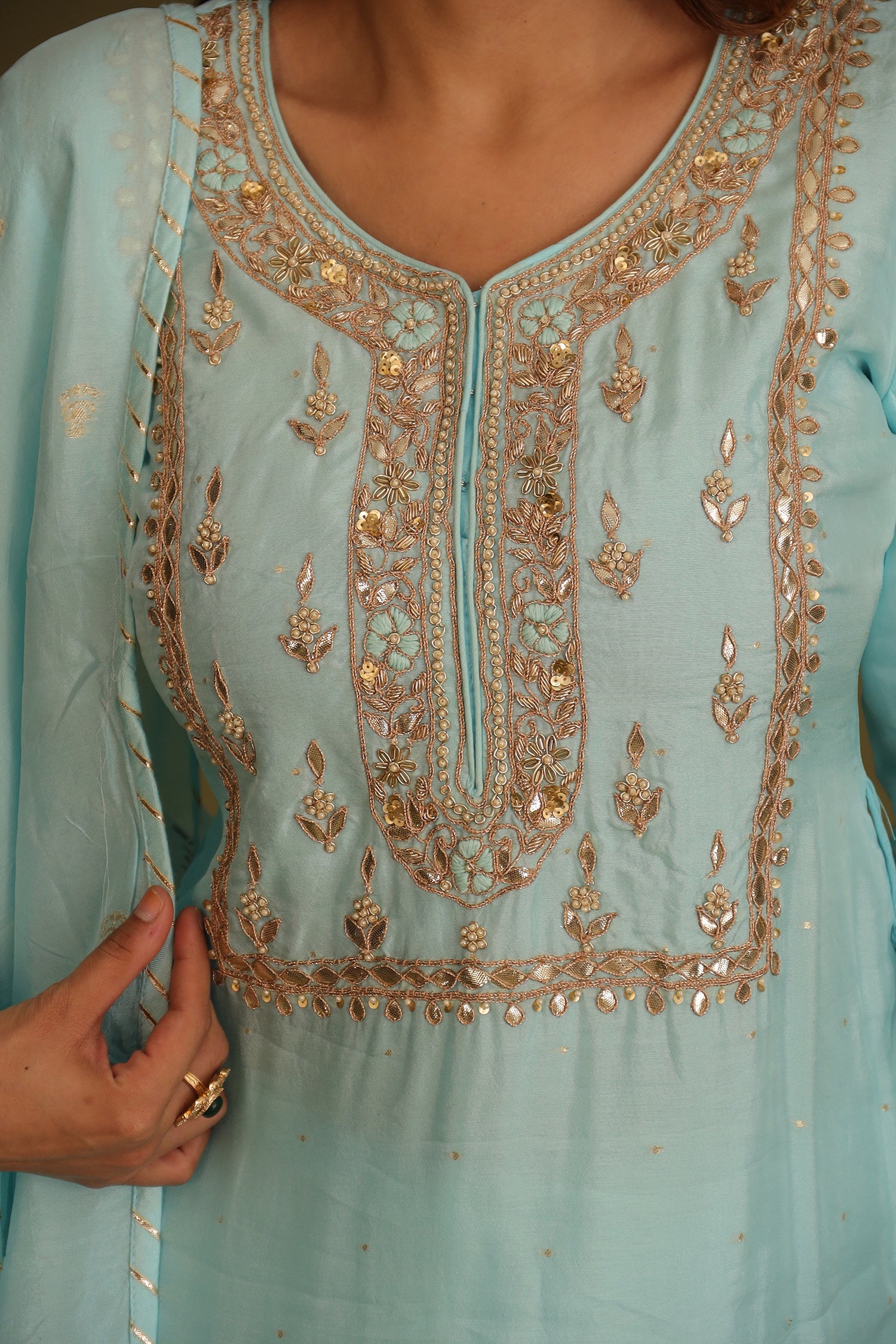 Handloom Chanderi Suit Embroidered with Gota Patti work. - Image 5