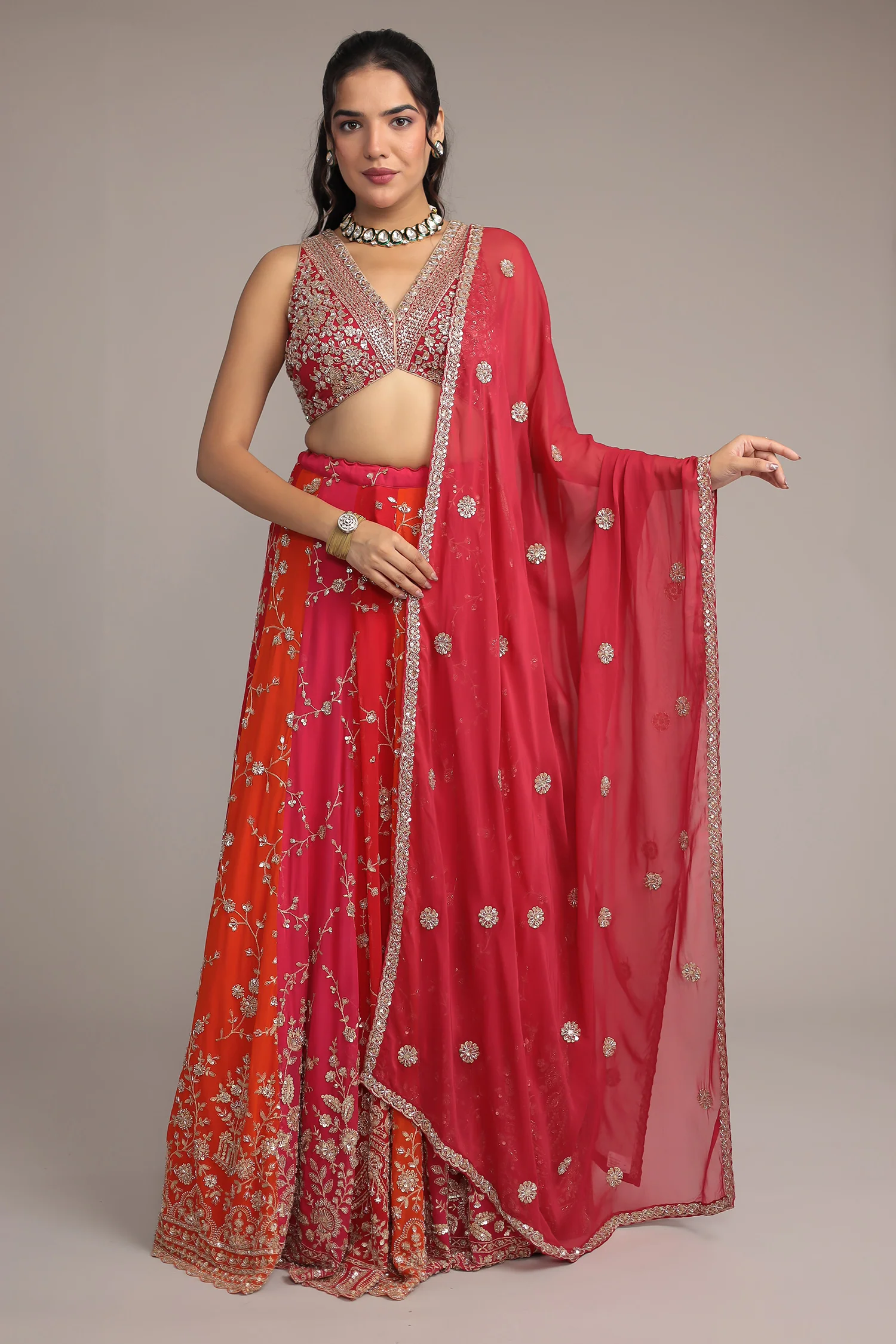 Multicolor Chiffon Lehenga Intricate work with Aari, Cutdana and Sequins work - Image 2