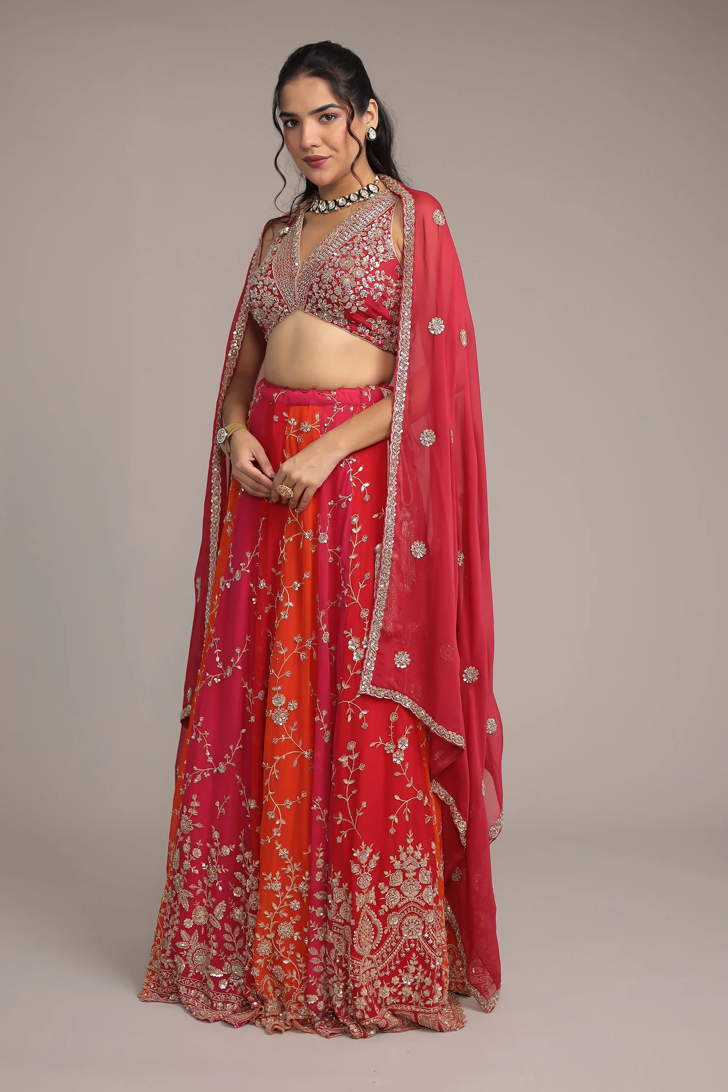 Multicolor Chiffon Lehenga Intricate work with Aari, Cutdana and Sequins work - Image 5