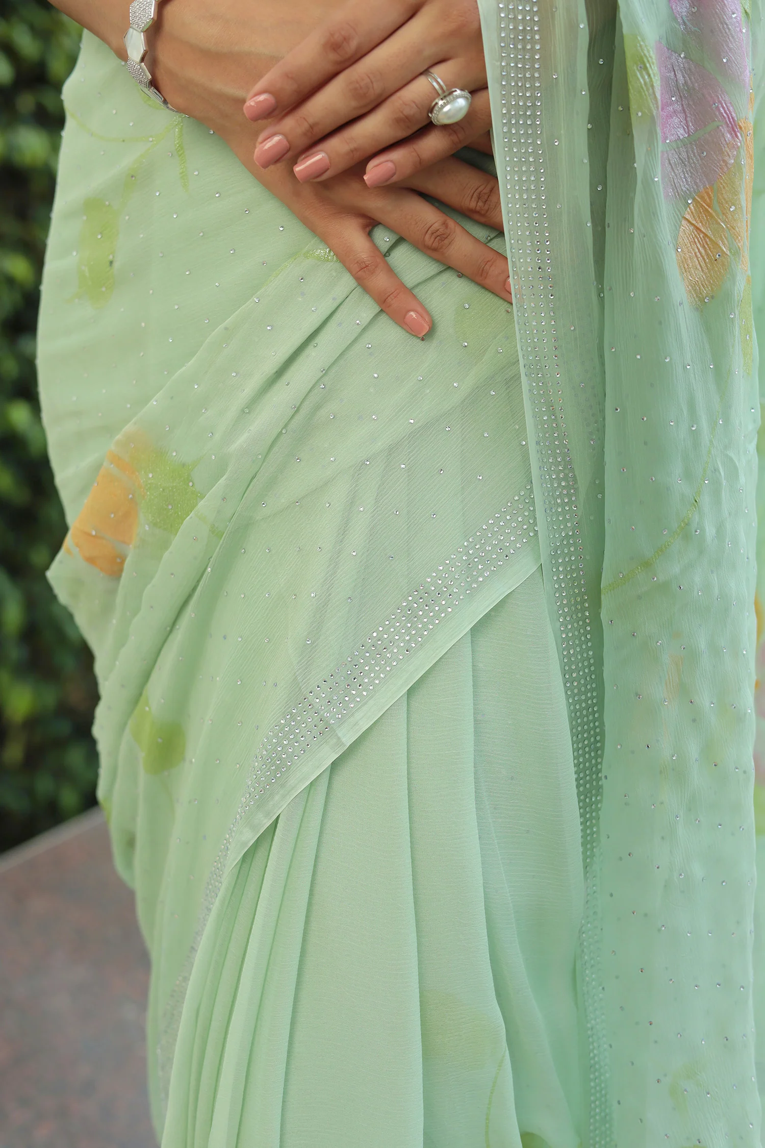 Chiffon Saree with Swarovski Embellishment and Foil Print - Image 24
