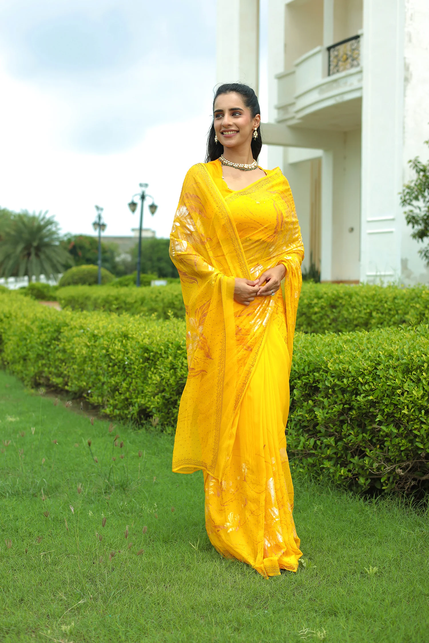 Yellow Chiffon Saree Adorned with Swarovski and Foil print - Image 3