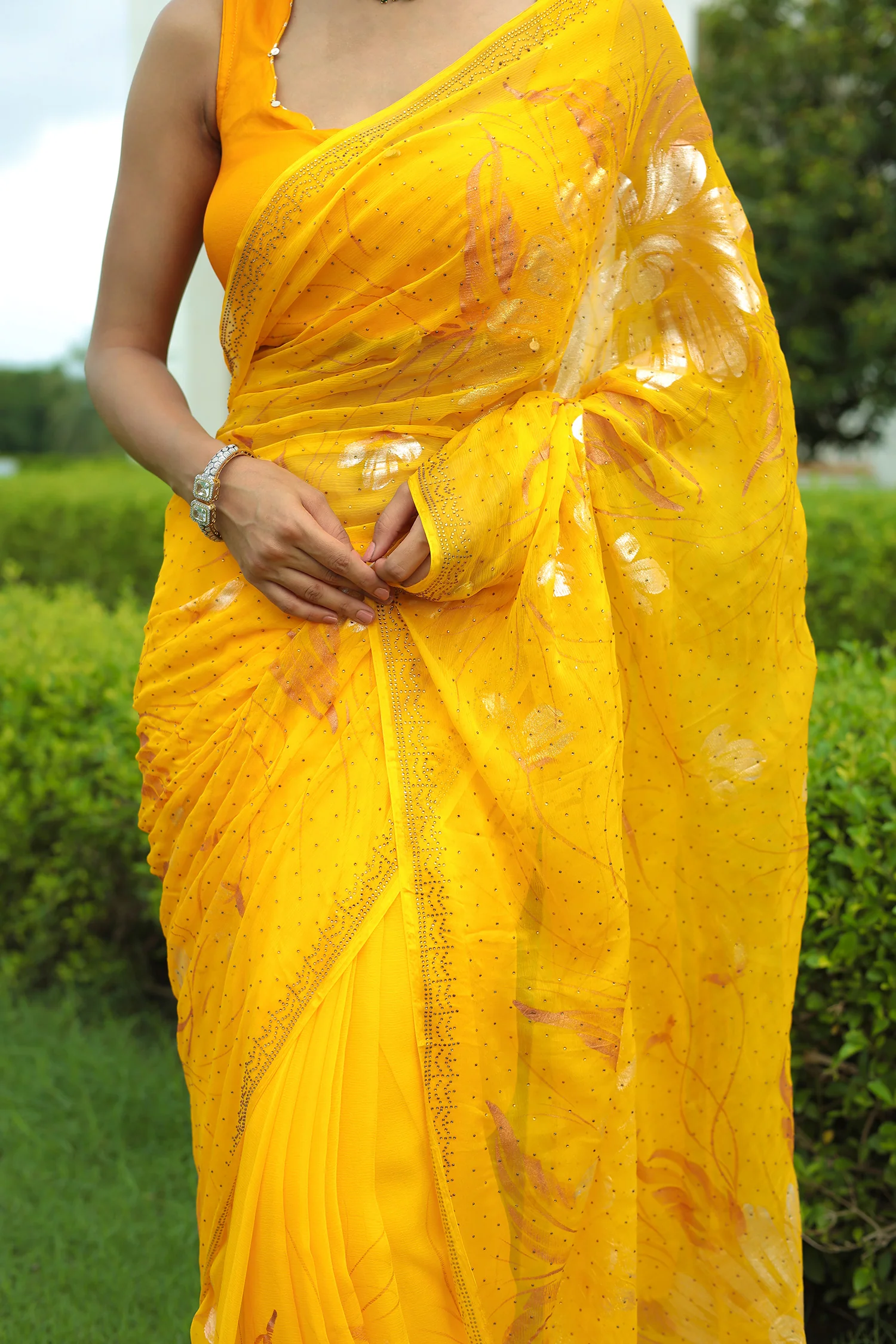 Yellow Chiffon Saree Adorned with Swarovski and Foil print - Image 4