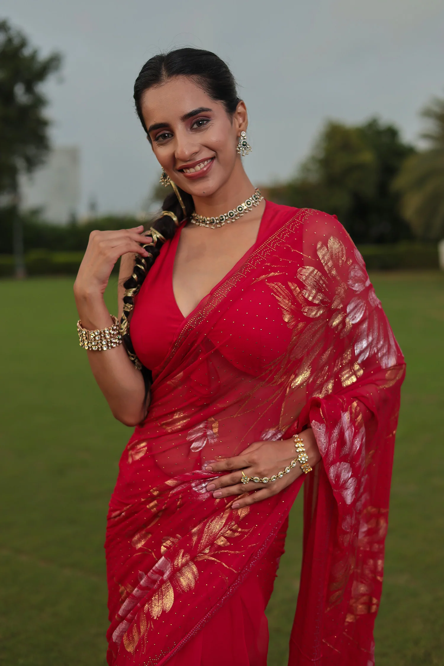 Chiffon Saree Adorned with Swarovski and Foil Print - Image 2