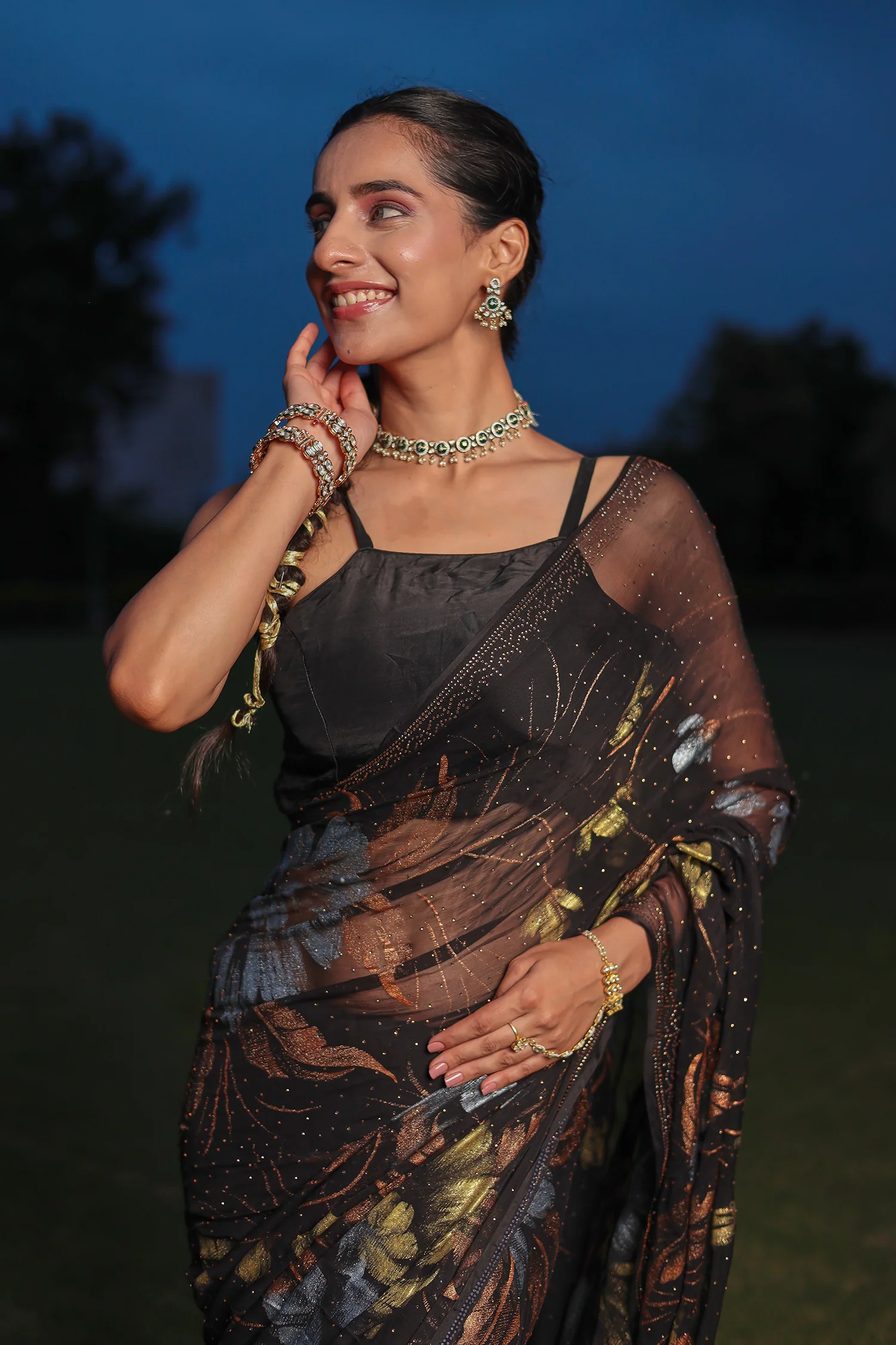 Chiffon Saree Adorned with Swarovski and Foil Print - Image 8