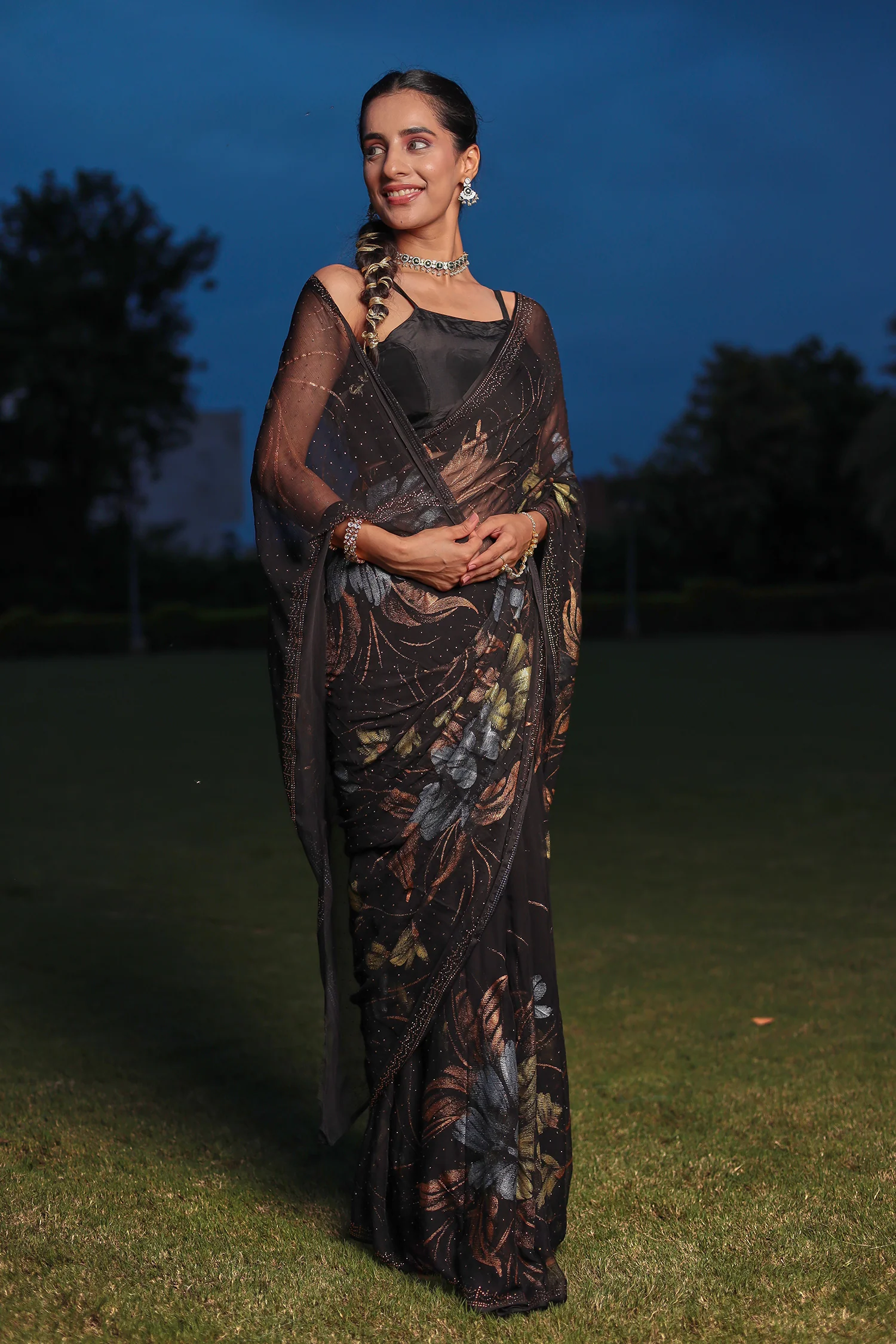 Chiffon Saree Adorned with Swarovski and Foil Print - Image 9