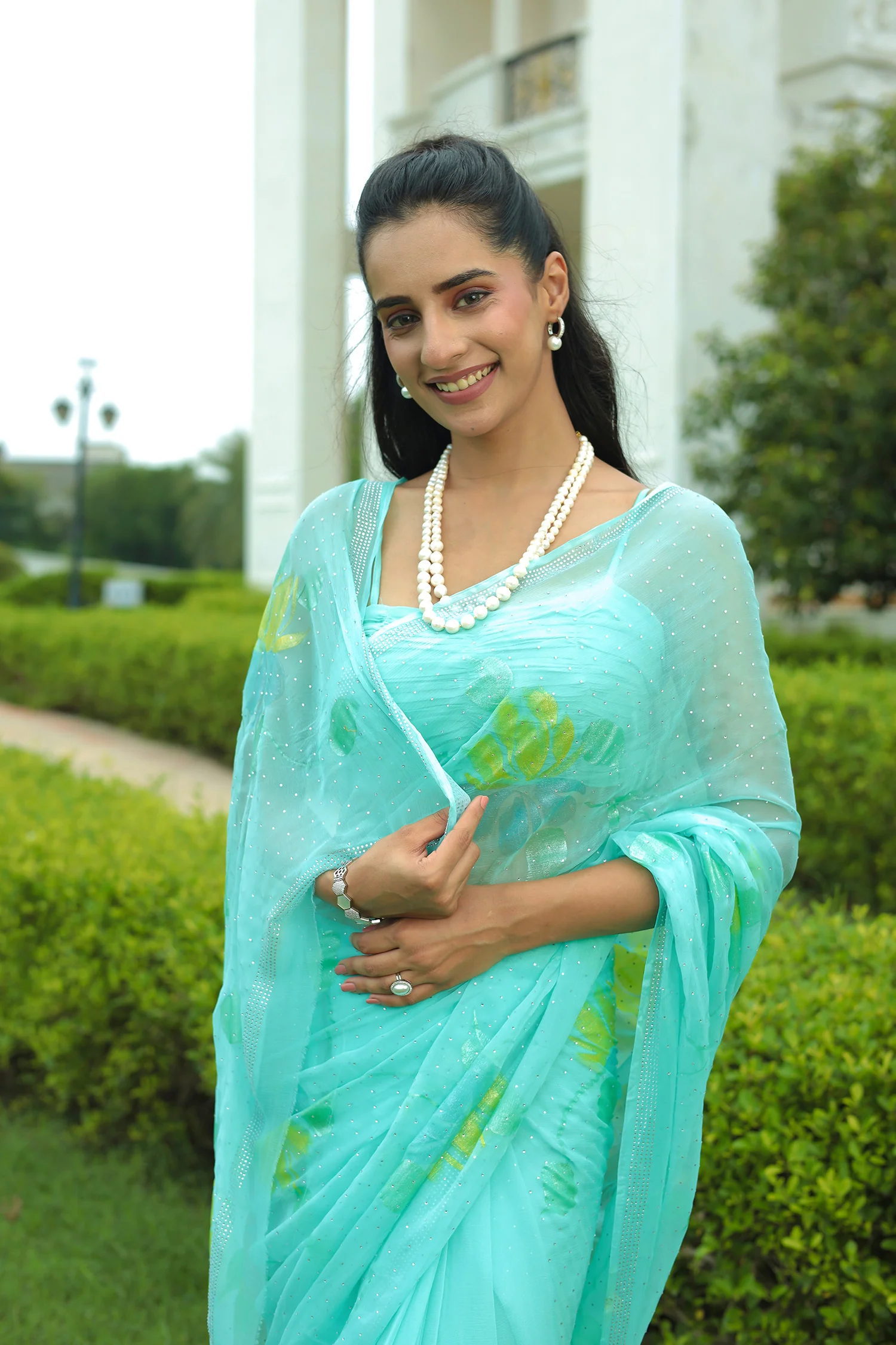 Chiffon Saree with Swarovski Embellishment and Foil Print - Image 16