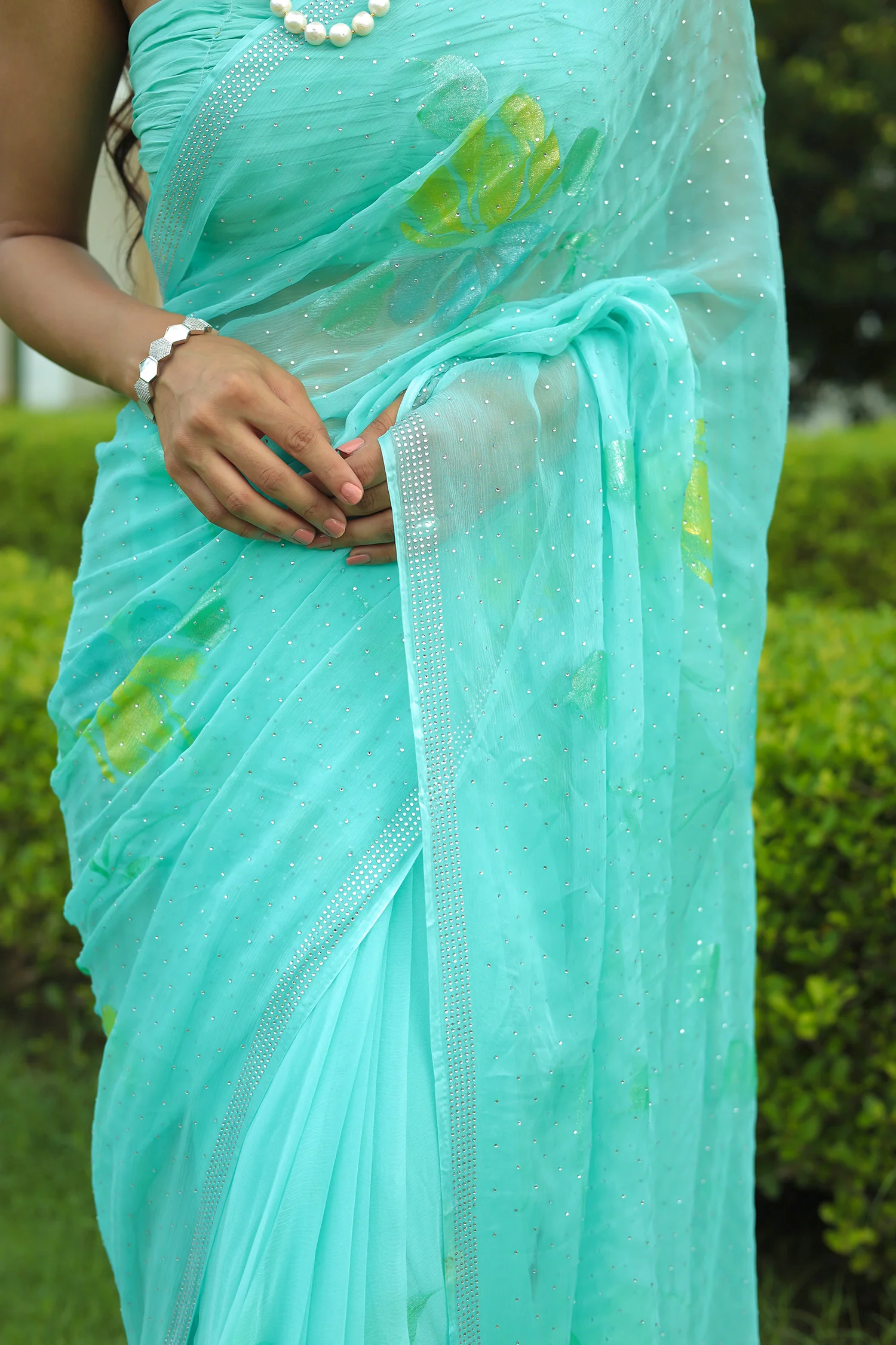 Chiffon Saree with Swarovski Embellishment and Foil Print - Image 18