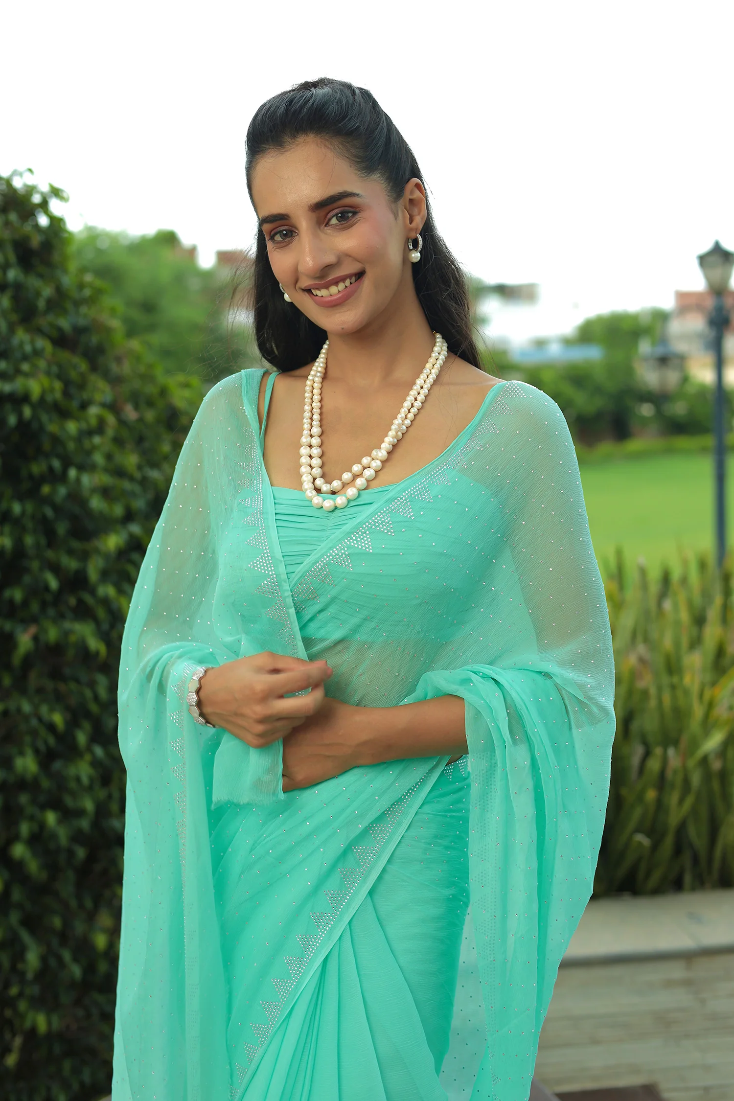 Chiffon Saree with Swarovski Embellishment and Foil Print - Image 23