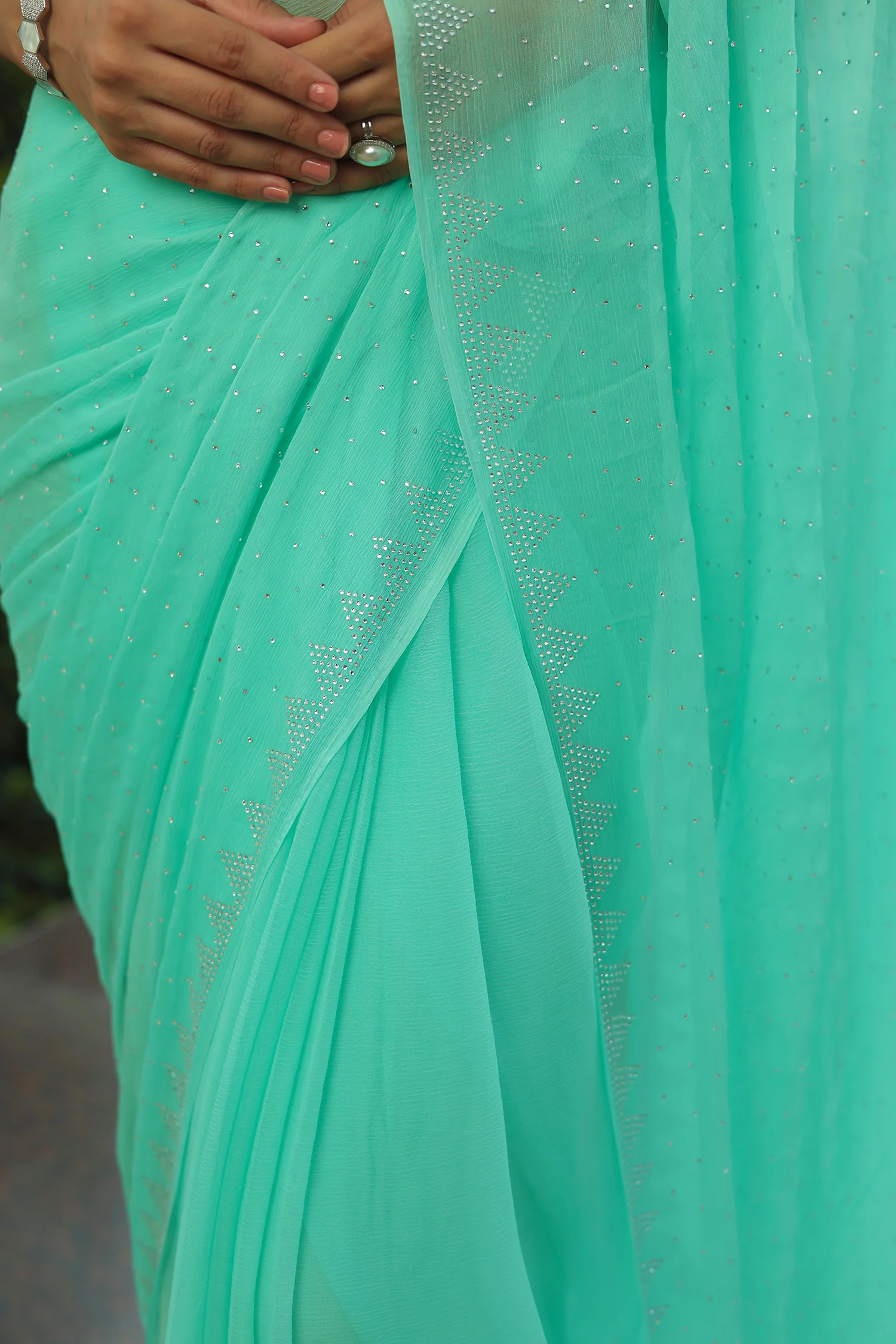 Chiffon Saree with Swarovski Embellishment and Foil Print - Image 25