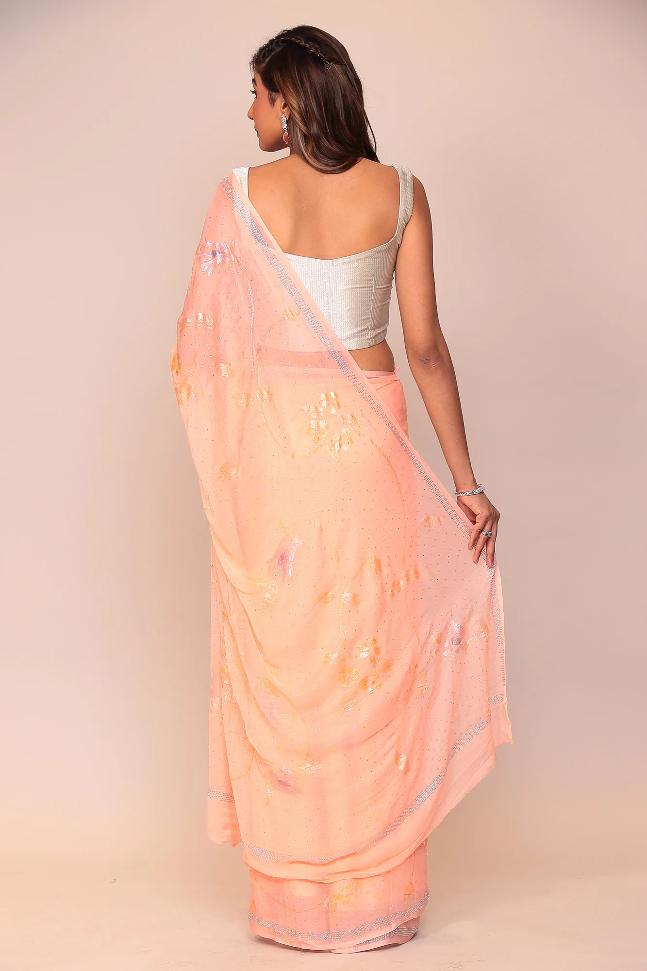 Foil Print Chiffon Saree with Swarovski work. - Image 4