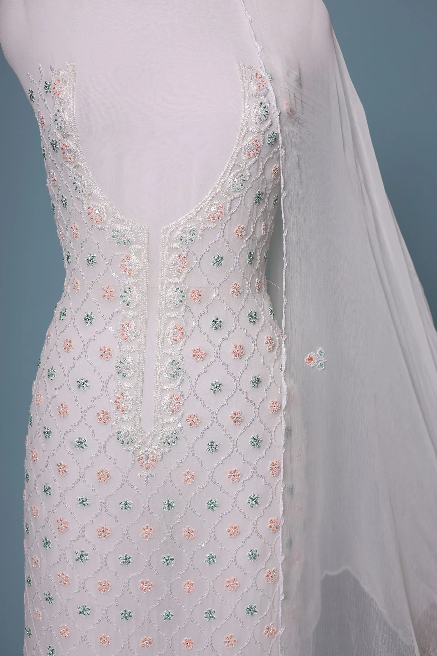 Embroidered Chiffon Unstitched Suit with Cutdana and Stone work - Image 2
