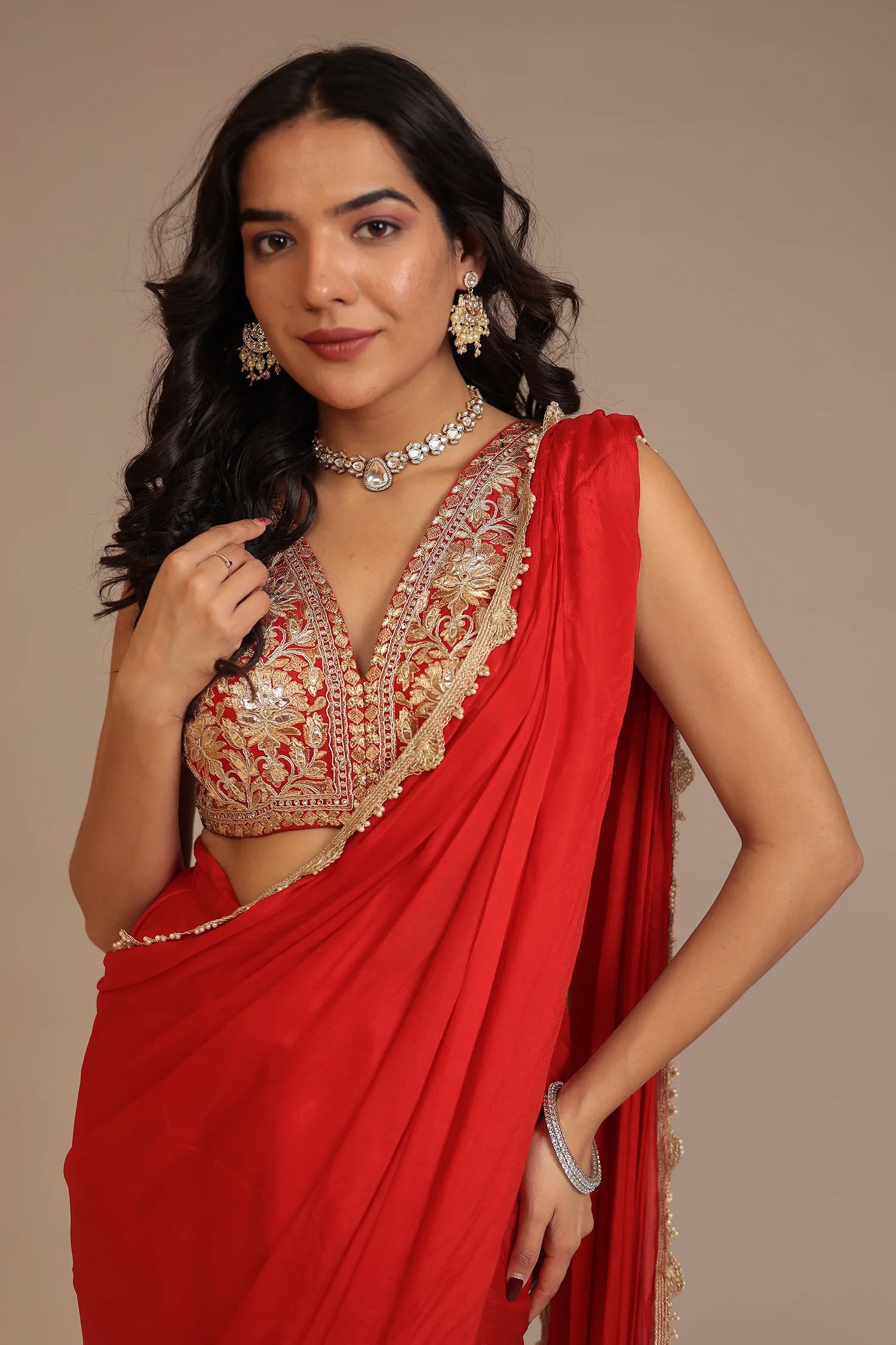 Chinon Saree with Aari, Dori, Gota Patti, Stone work - Image 2