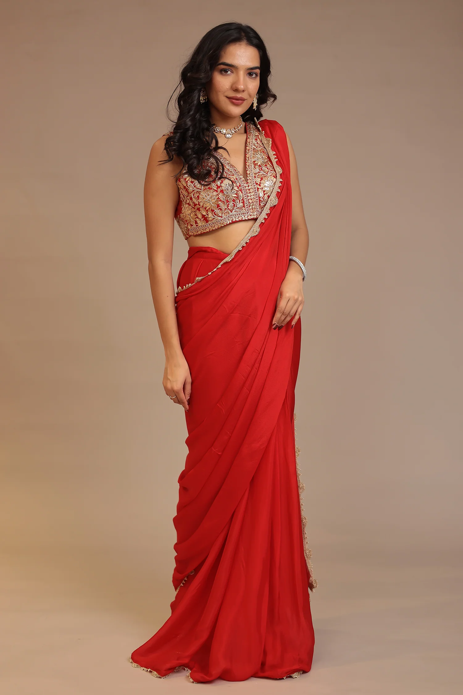Chinon Saree with Aari, Dori, Gota Patti, Stone work - Image 3