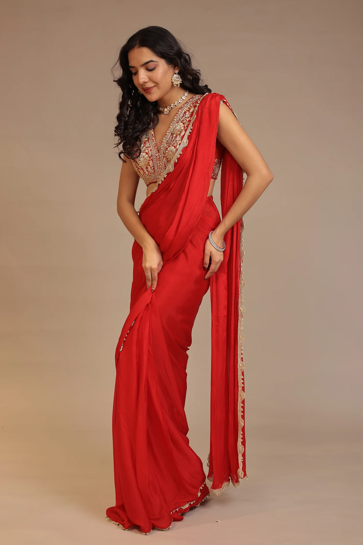 Chinon Saree with Aari, Dori, Gota Patti, Stone work - Image 5