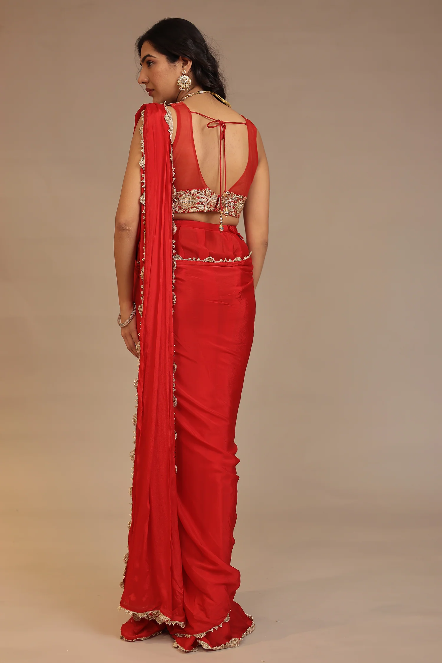 Chinon Saree with Aari, Dori, Gota Patti, Stone work - Image 6