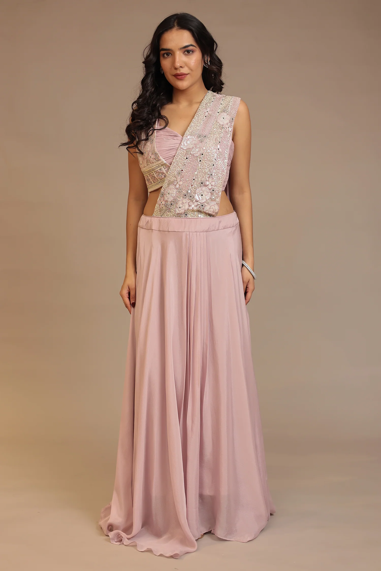 Chinon Saree with Mirror, Sequins, Stone, Thread work