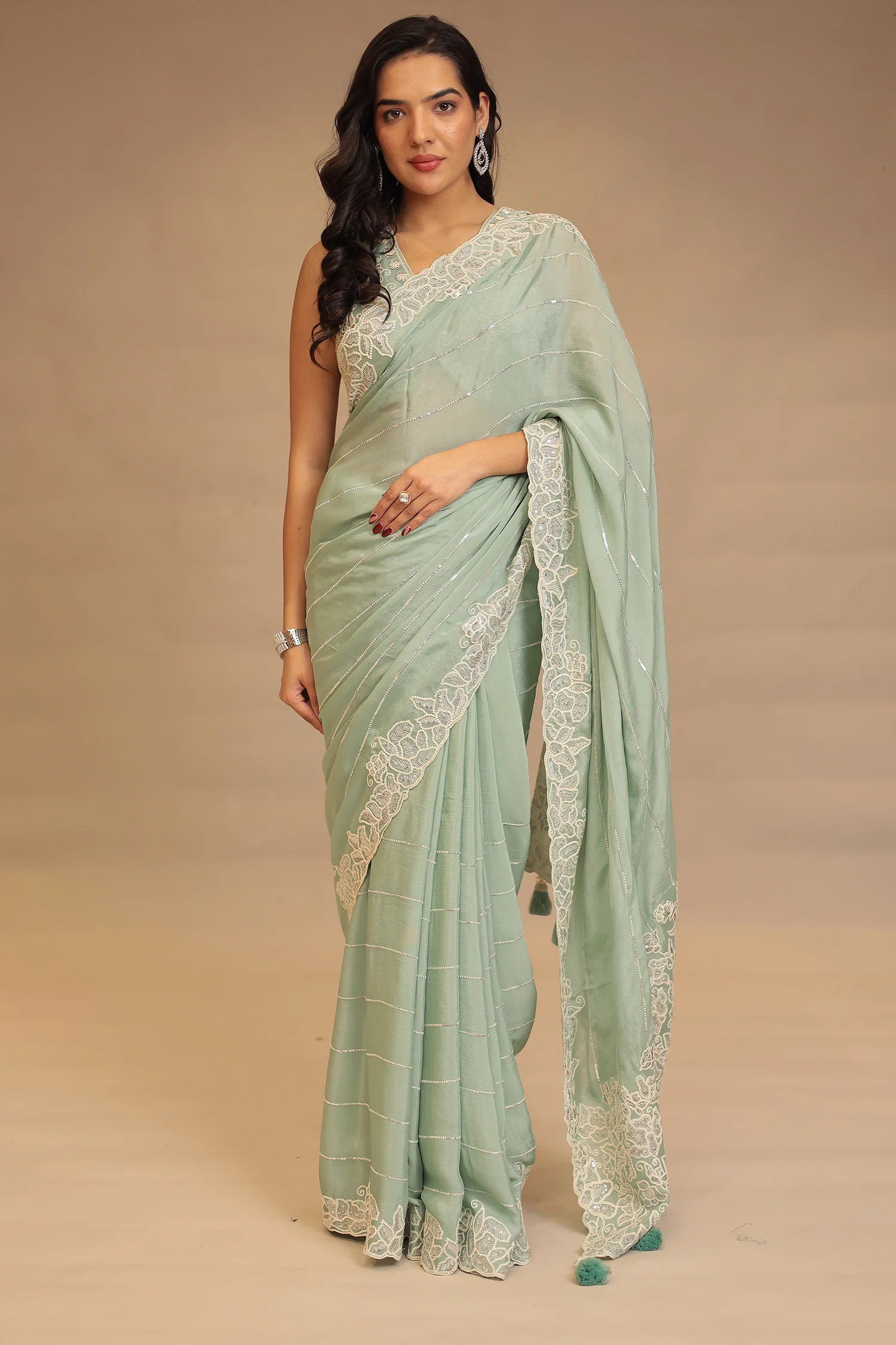 Chinon Saree with Sequins and Thread work