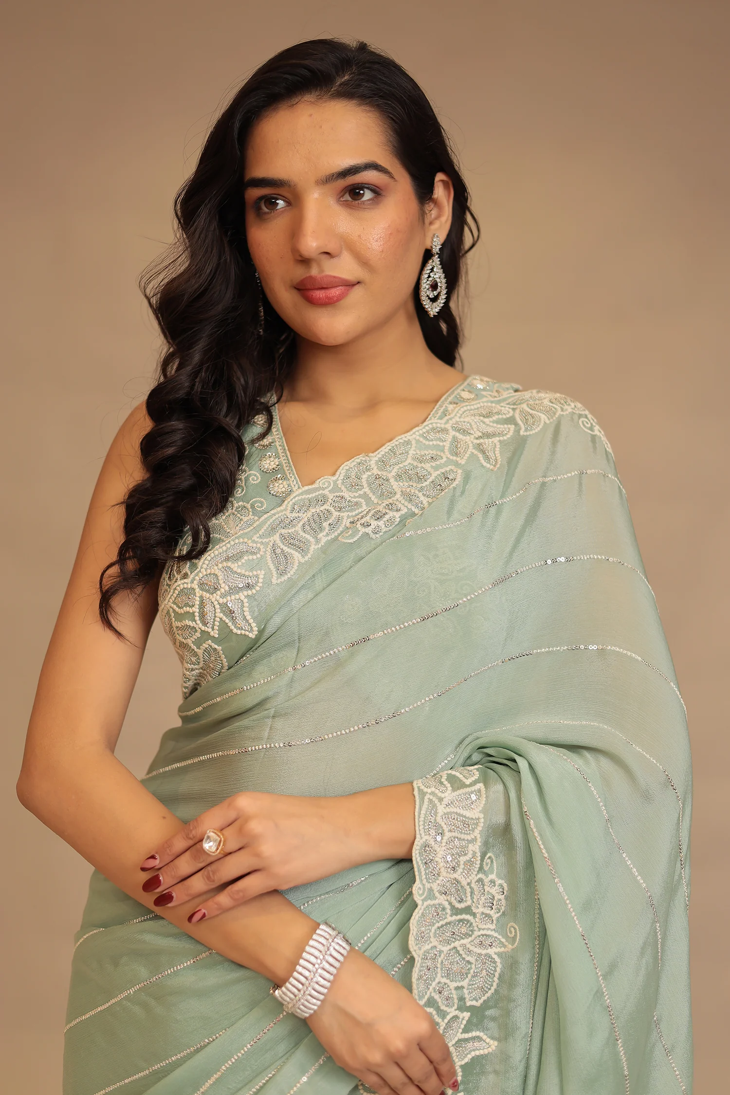 Chinon Saree with Sequins and Thread work - Image 2