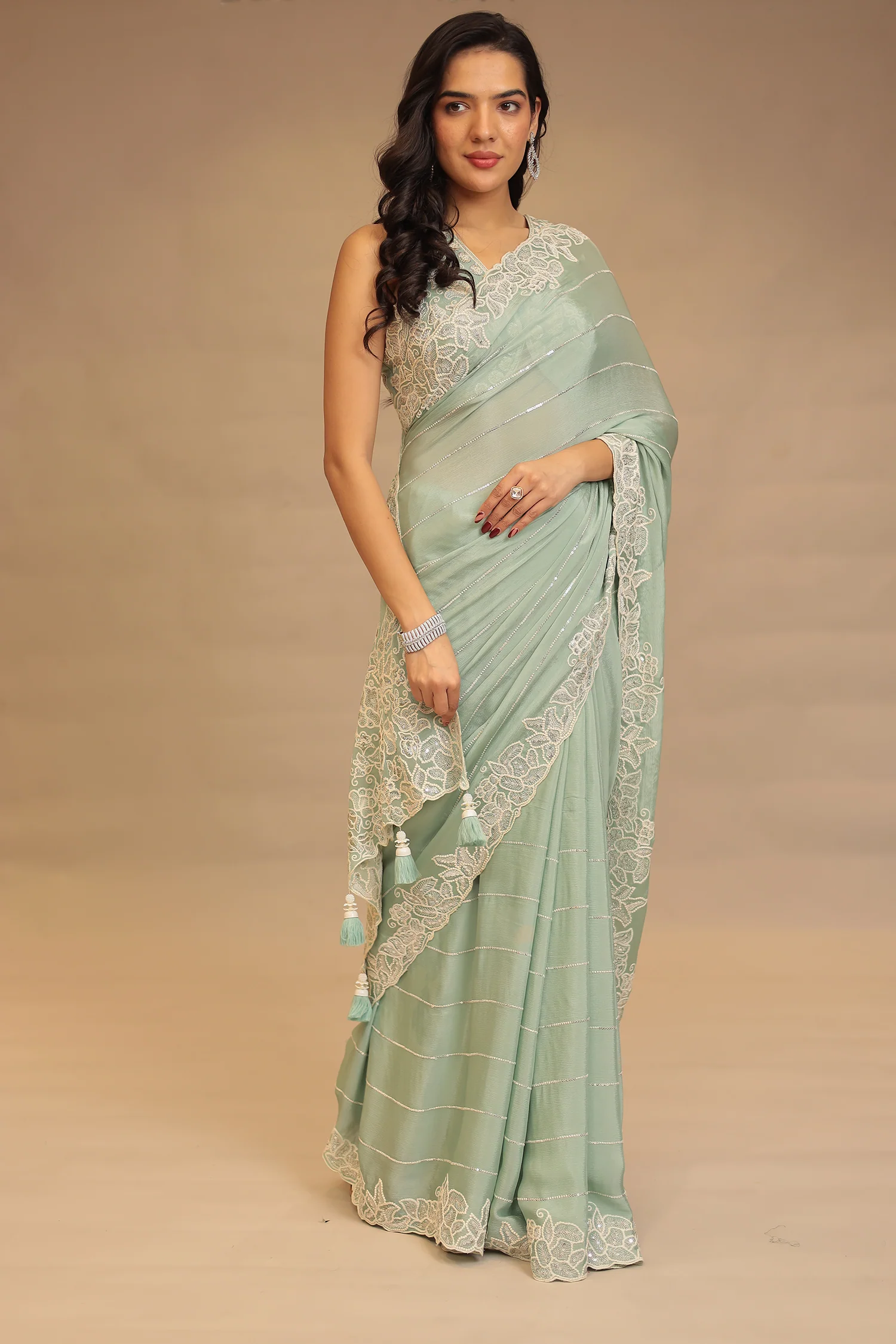 Chinon Saree with Sequins and Thread work - Image 3