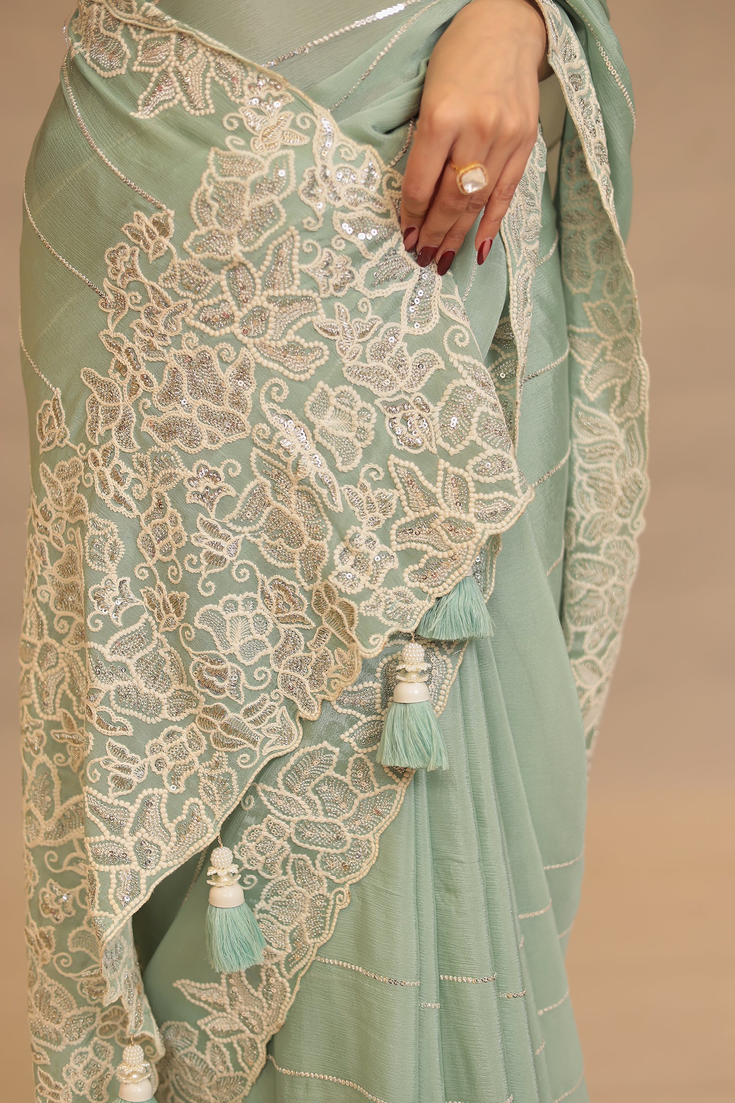 Chinon Saree with Sequins and Thread work - Image 4