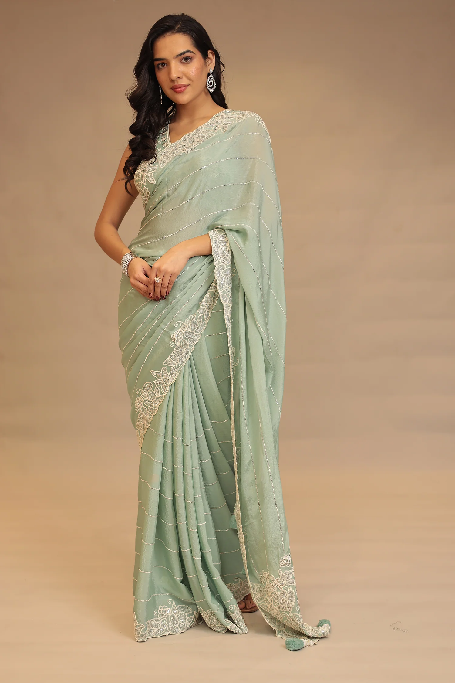 Chinon Saree with Sequins and Thread work - Image 5