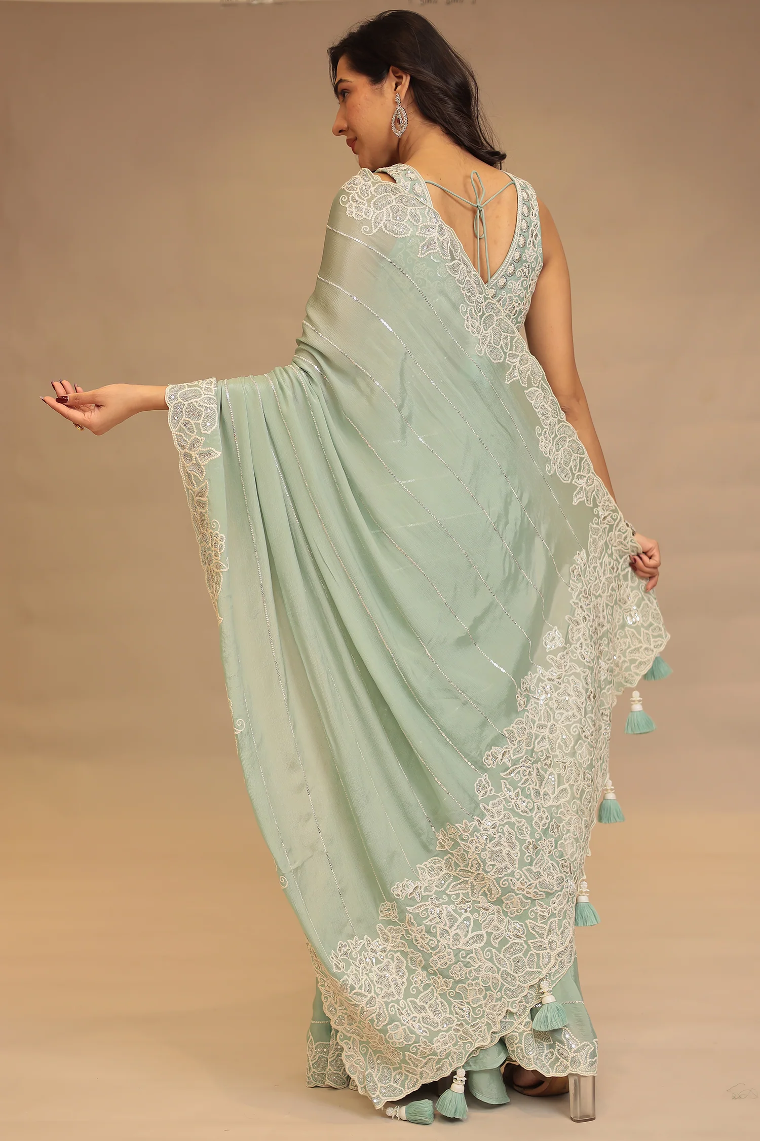 Chinon Saree with Sequins and Thread work - Image 6
