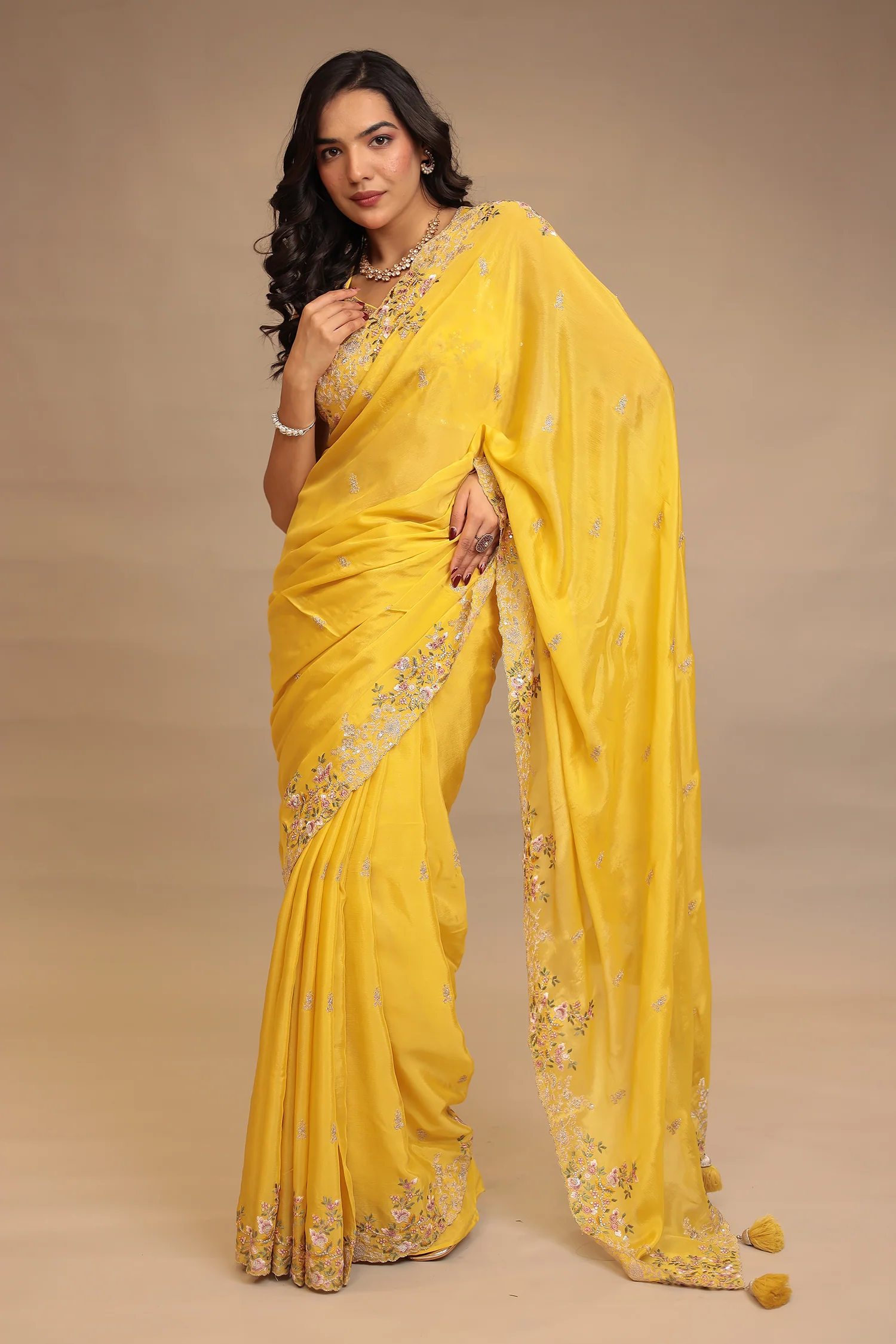 Chinon Saree with Sequins, Thread, Zari work - Image 5