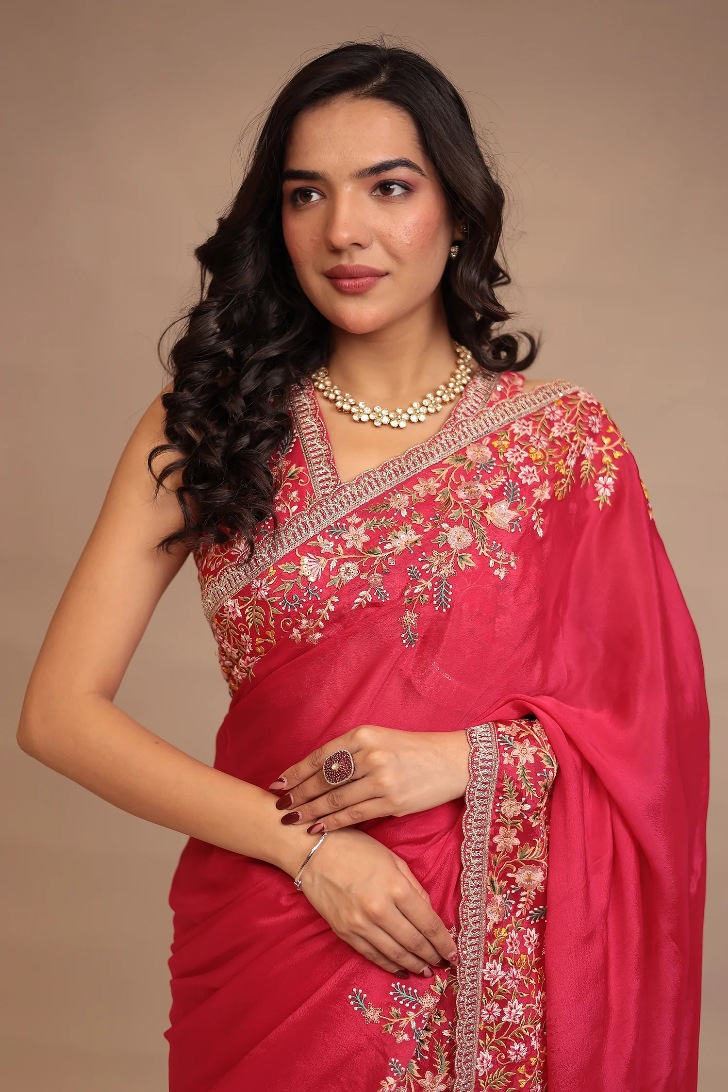 Chinon Saree with Sequins, Thread, Zari work - Image 2