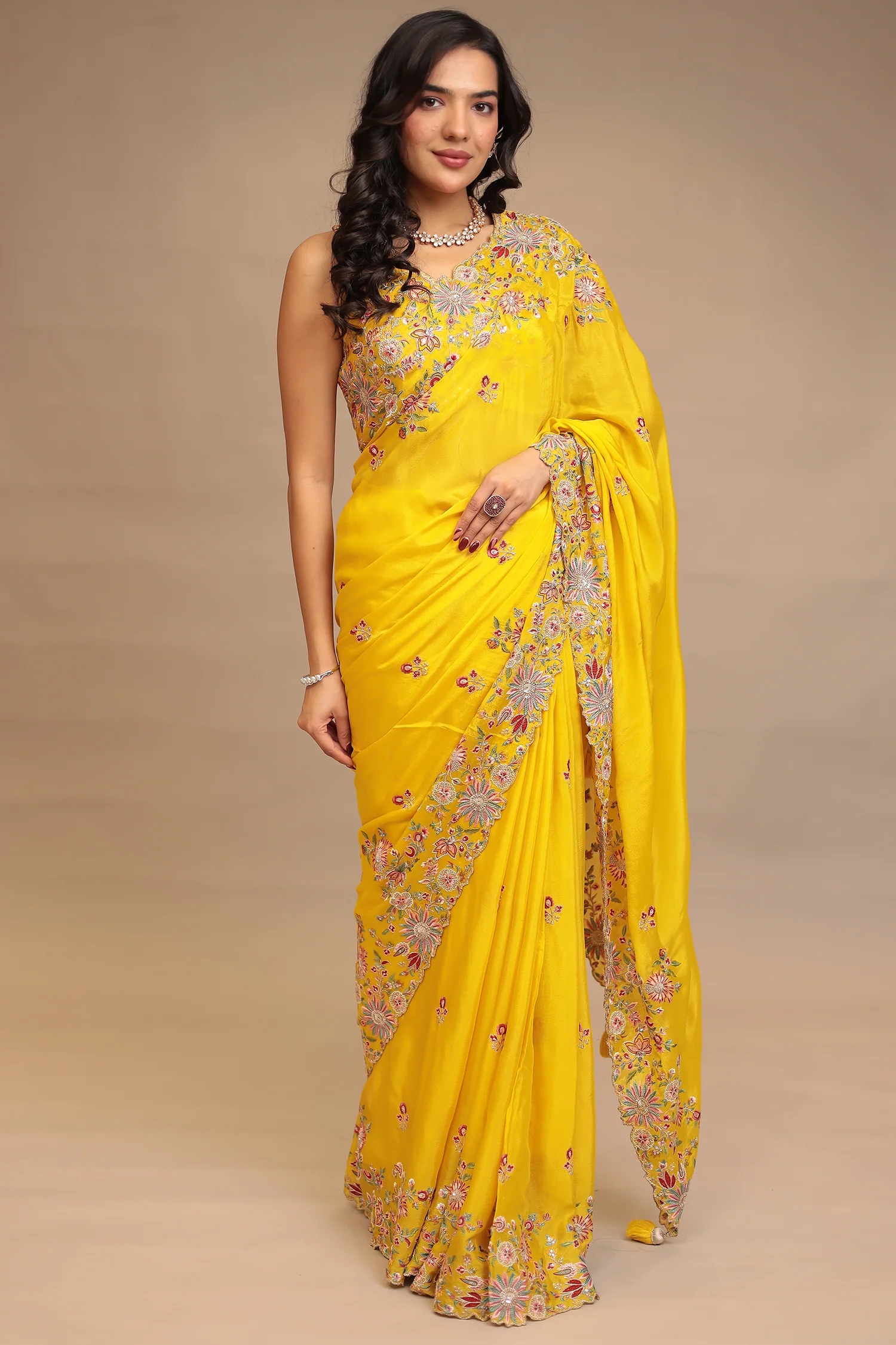 Chinon Saree with Sequins, Thread and Zari work - Image 3